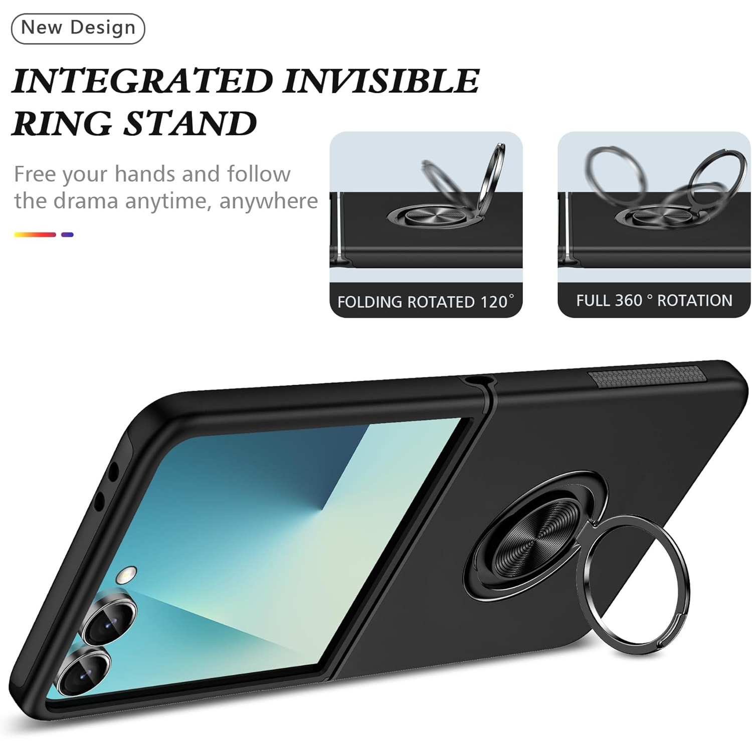 TopSave "Hidden Series" Solid Color PC Back Combine w/Inner Black TPU Bumper Kickstand Armor Case For Samsung Galaxy Z Flip 7 6.9", Black