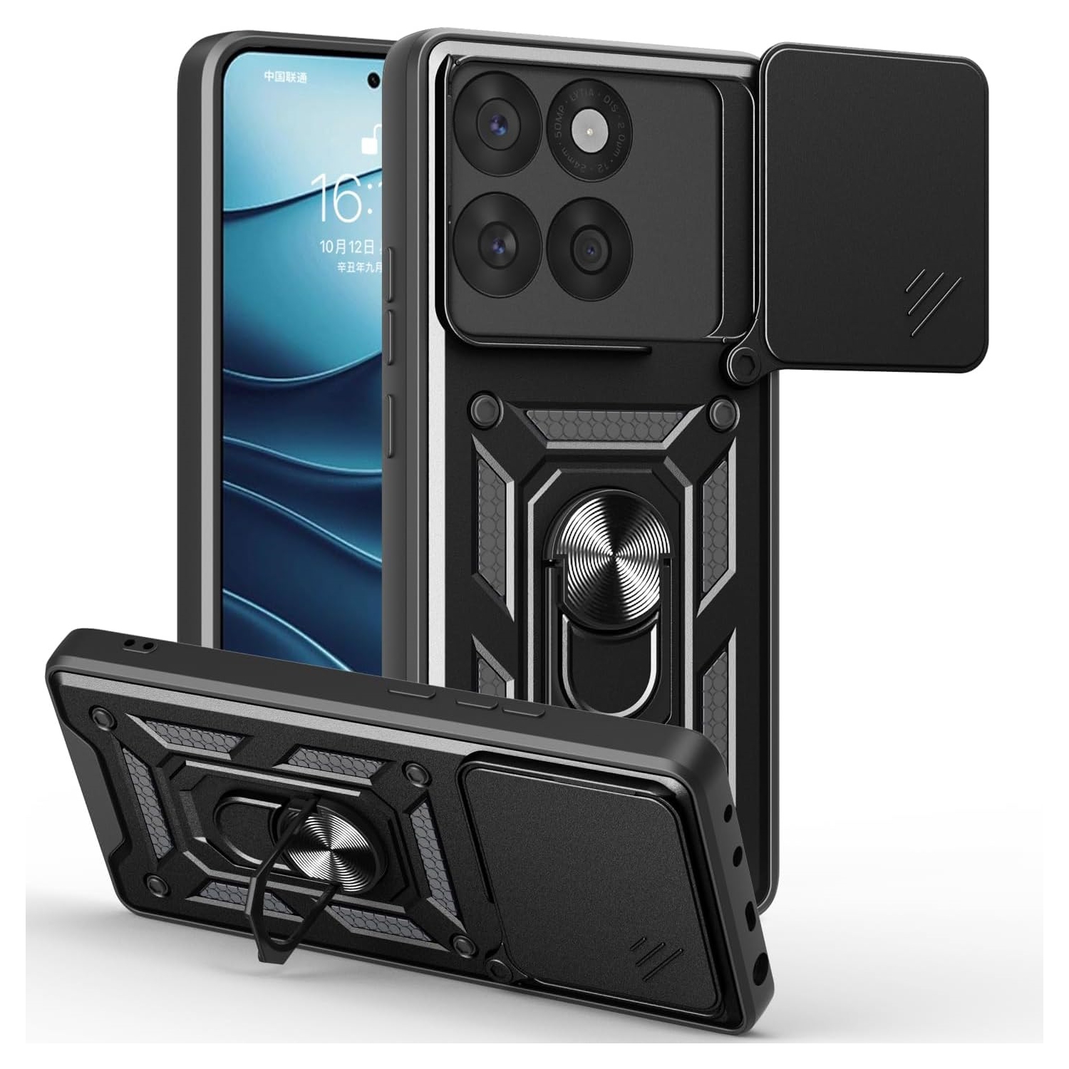 TopSave étui avec protecteur d'objectif Slide pour appareil photo et béquille rotative, étui de protection antichoc pour Moto Edge 60 Fusion, noir