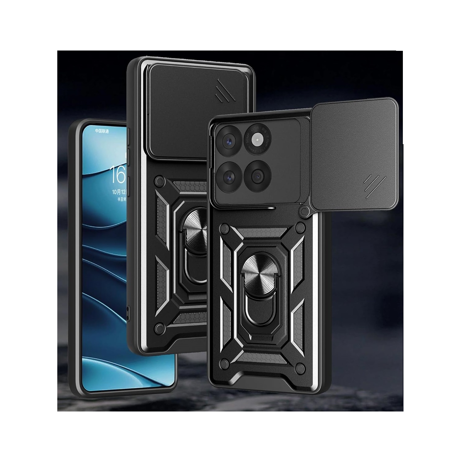 TopSave étui avec protecteur d'objectif Slide pour appareil photo et béquille rotative, étui de protection antichoc pour Moto Edge 60 Fusion, noir