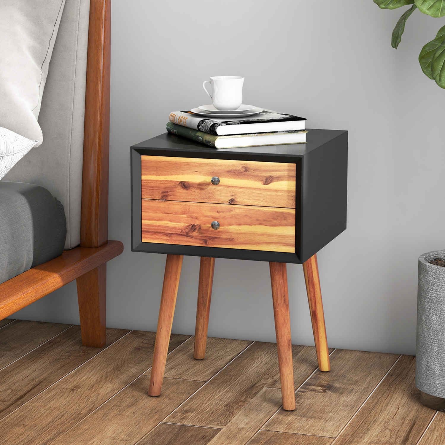 Gymax 2PCS Wooden Nightstand Mid-Century End Side Table Living Room W/2 Storage Drawer