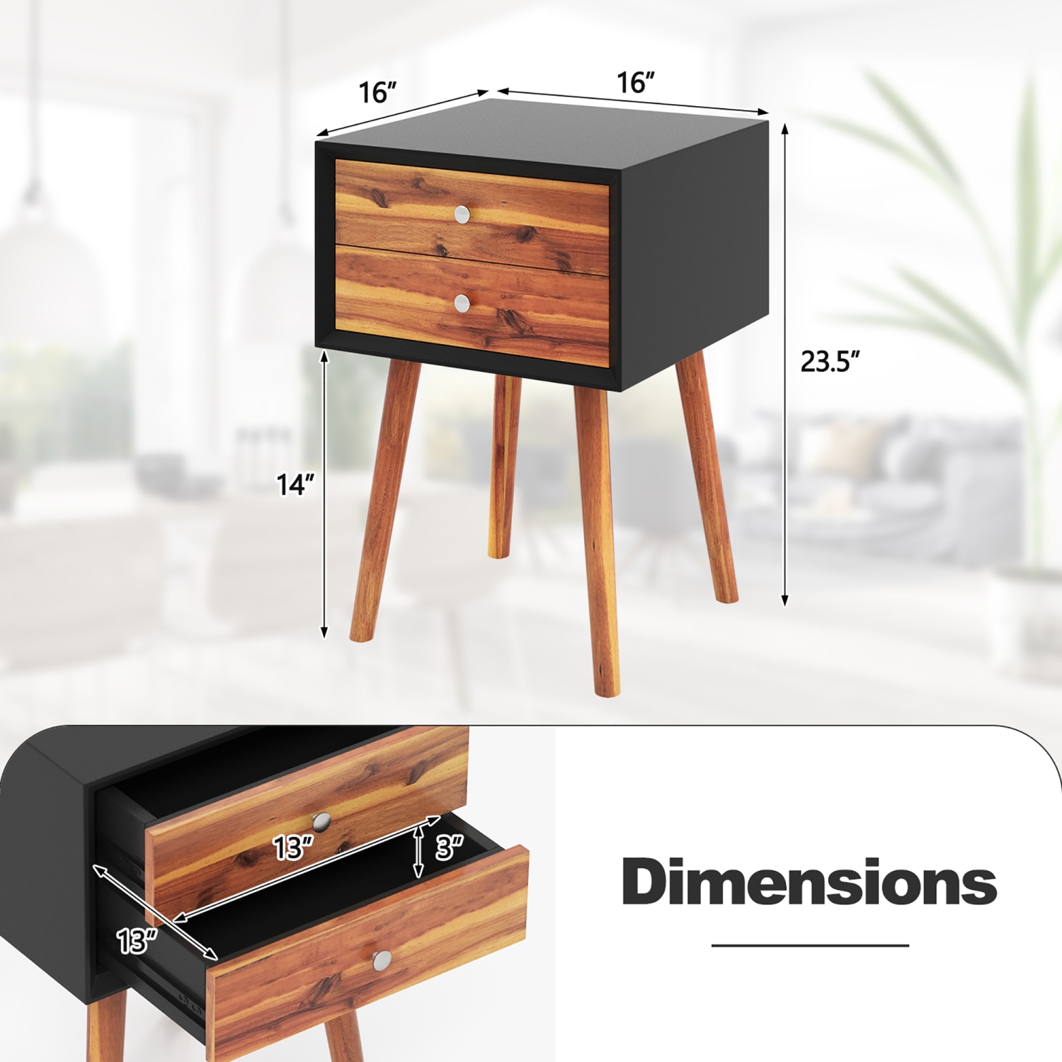 Gymax 2PCS Wooden Nightstand Mid-Century End Side Table Living Room W/2 Storage Drawer