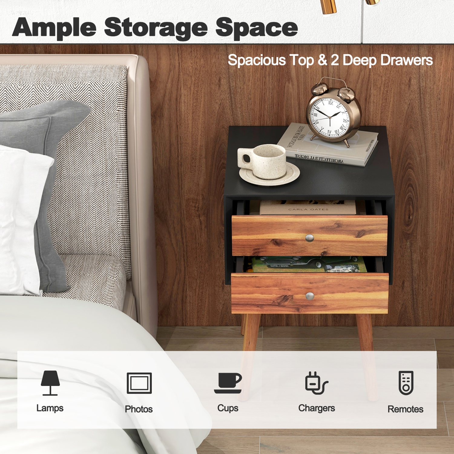 Gymax 2PCS Wooden Nightstand Mid-Century End Side Table Living Room W/2 Storage Drawer