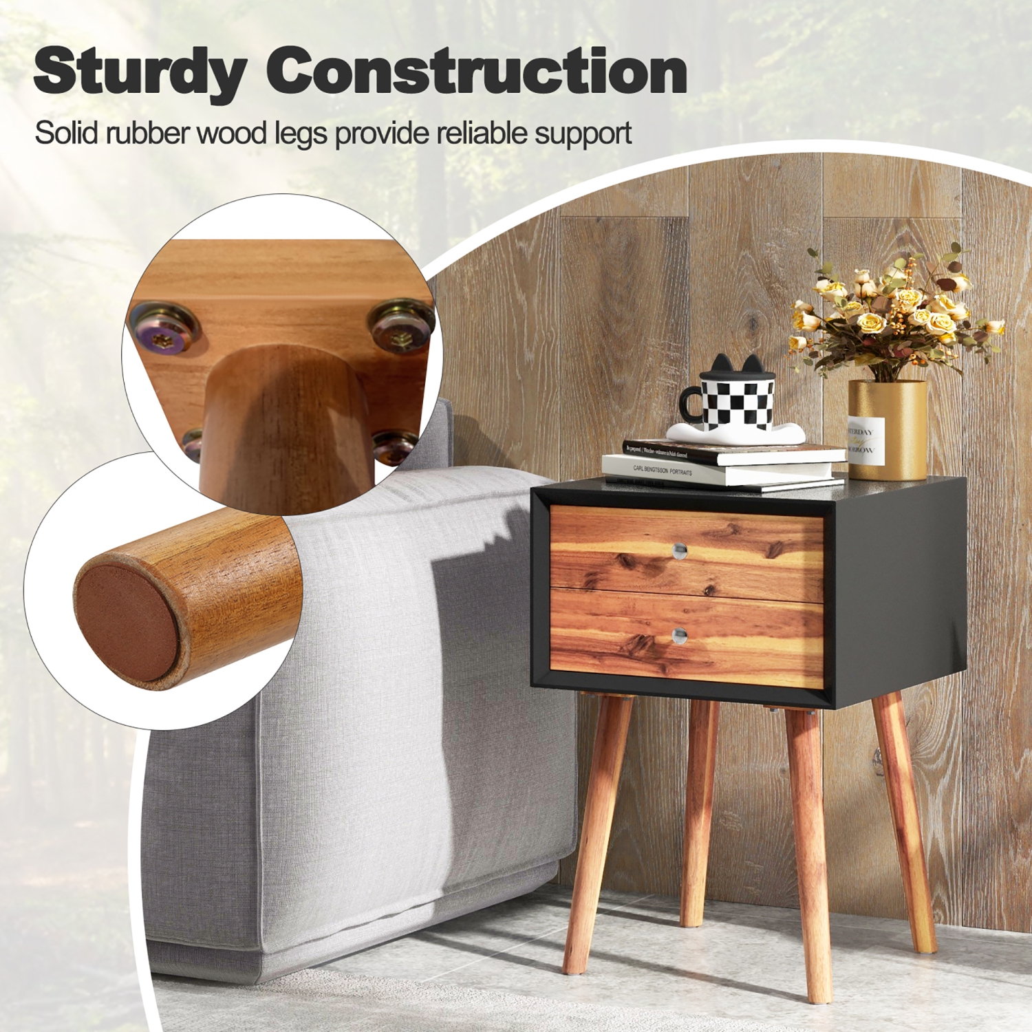 Gymax 2PCS Wooden Nightstand Mid-Century End Side Table Living Room W/2 Storage Drawer