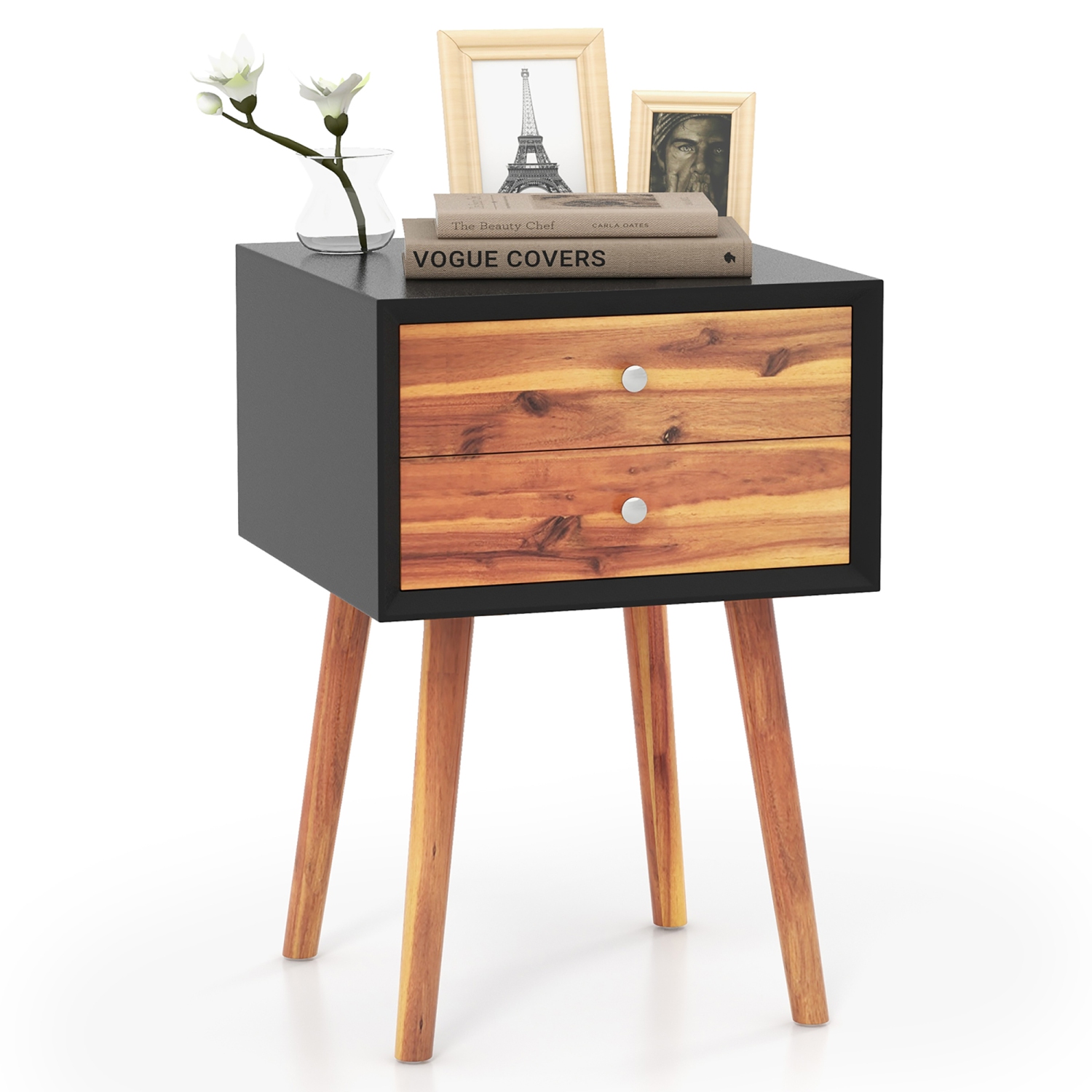 Gymax 2PCS Wooden Nightstand Mid-Century End Side Table Living Room W/2 Storage Drawer