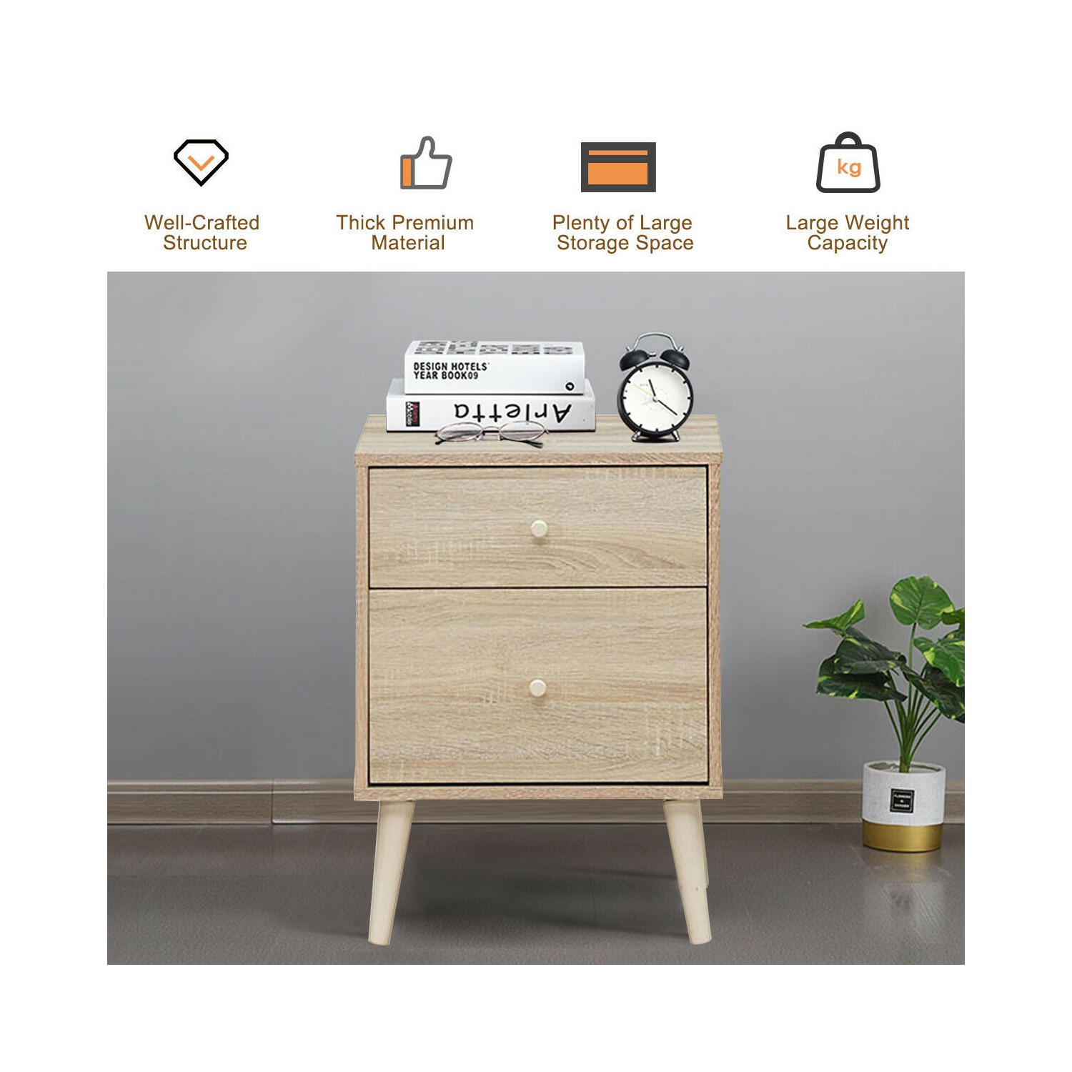 Gymax Nightstand 2-Drawer Beside End Side Table w/Rubber Legs