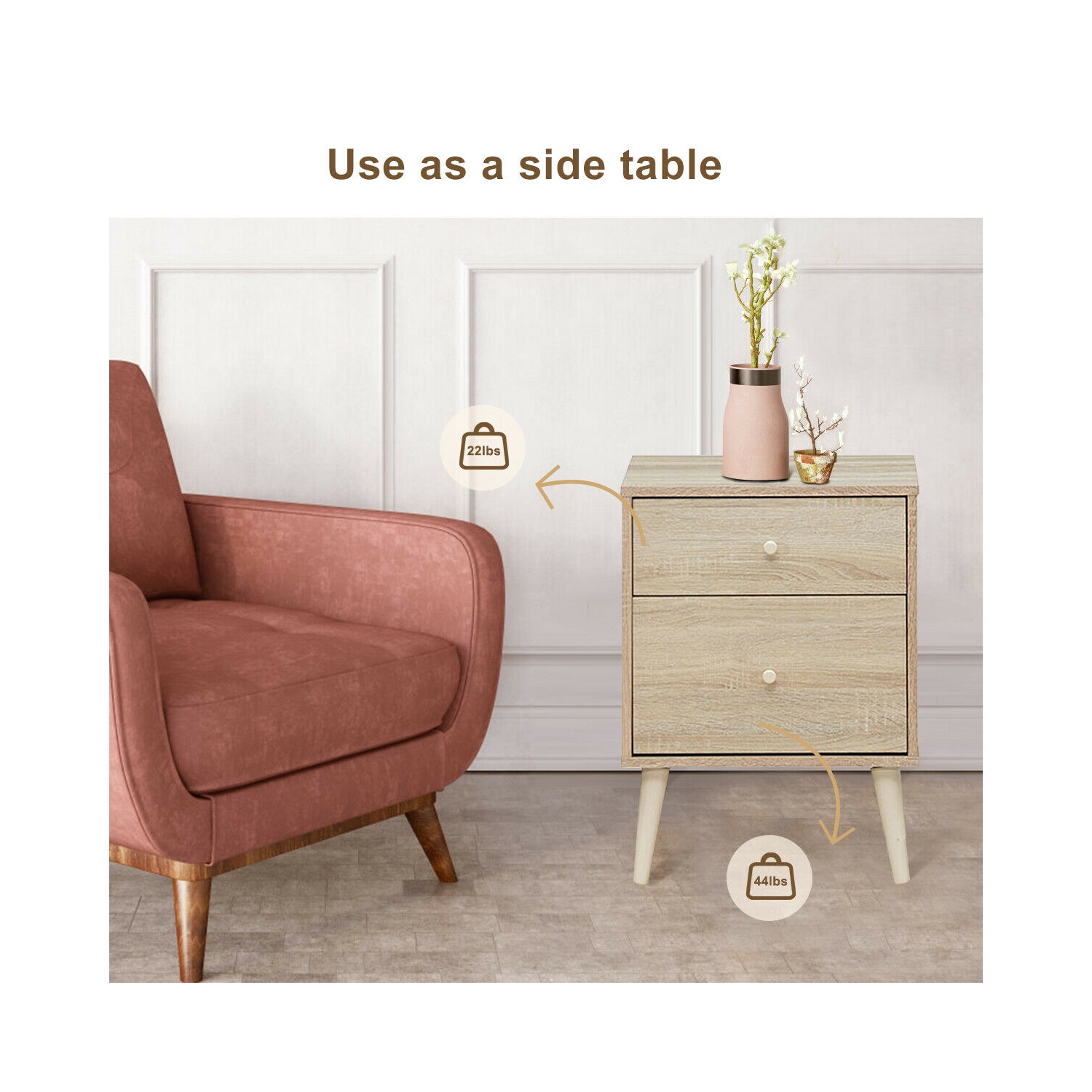 Gymax Nightstand 2-Drawer Beside End Side Table w/Rubber Legs