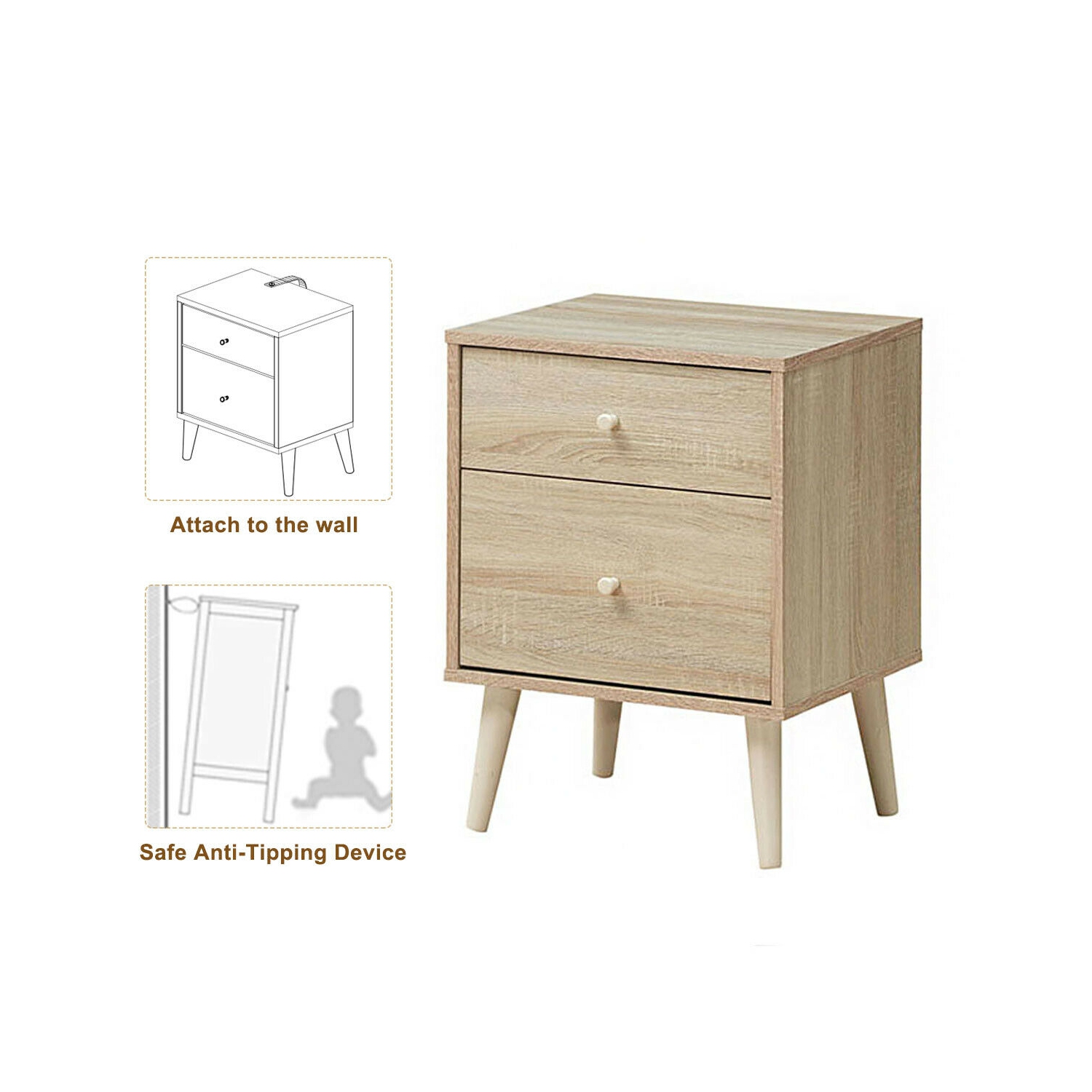 Gymax Nightstand 2-Drawer Beside End Side Table w/Rubber Legs