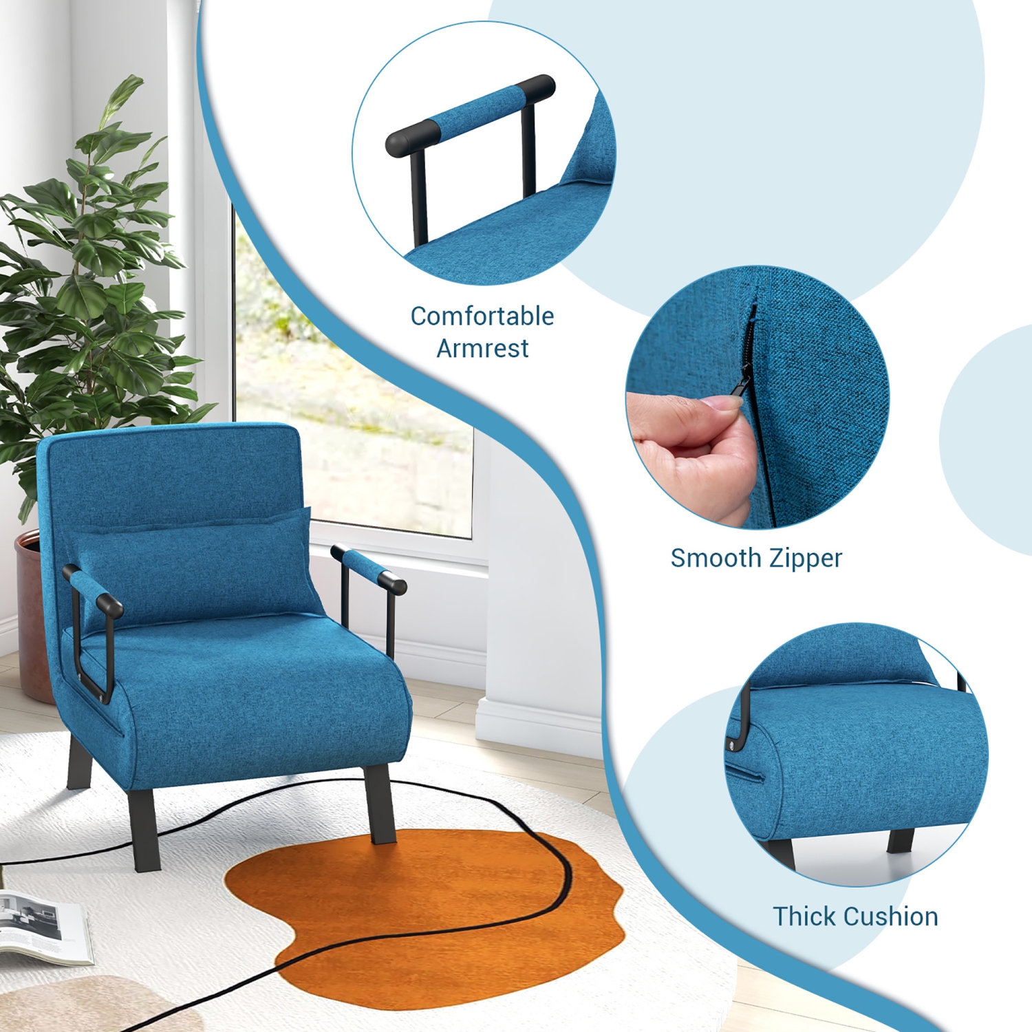 Gymax 5 Position Convertible Sofa Chair Folding Sleeper Bed w/ Pillow Blue/Gray