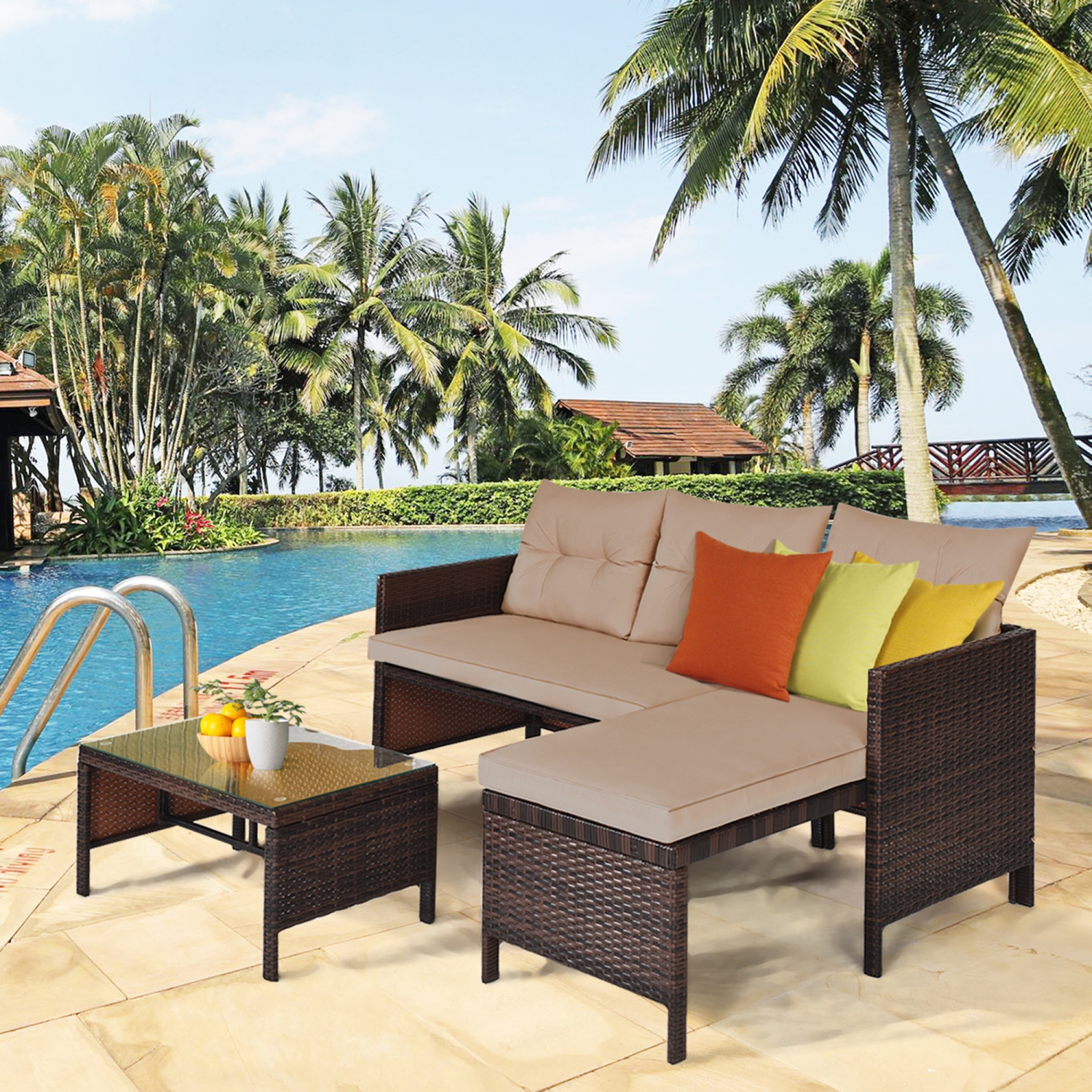 Gymax 3PCS Outdoor Rattan Furniture Set Patio Couch Sofa Set w/ Coffee Table
