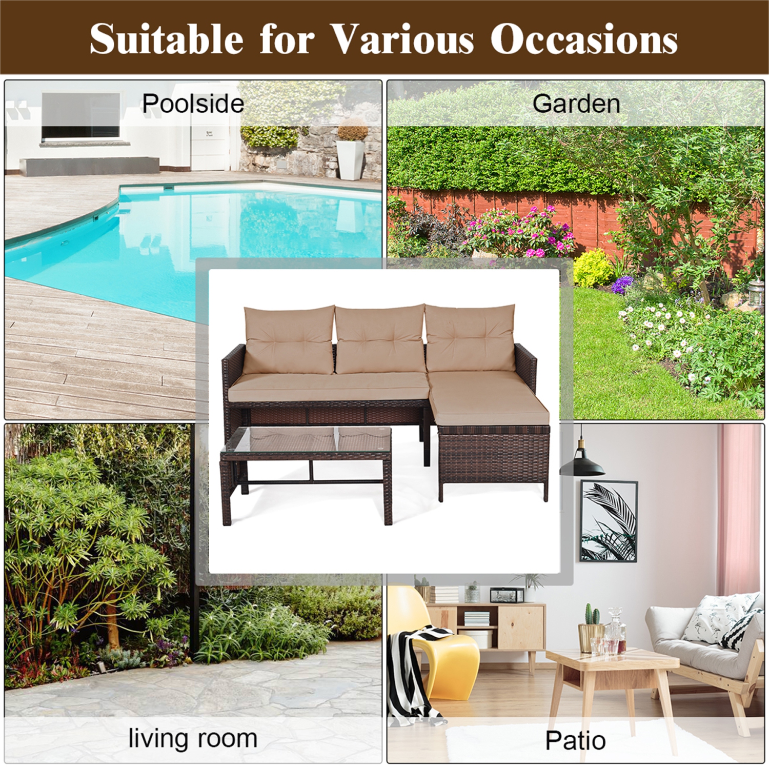 Gymax 3PCS Outdoor Rattan Furniture Set Patio Couch Sofa Set w/ Coffee Table
