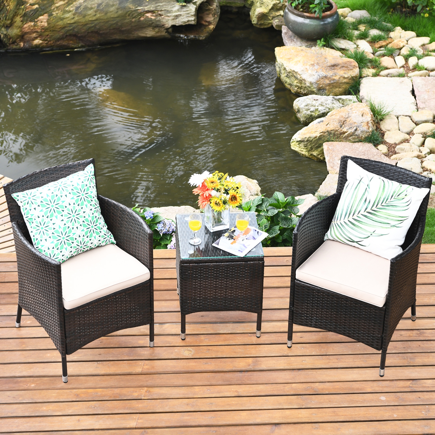 Gymax 3 Piece Patio Outdoor Rattan Furniture Set w Cushioned Chairs Coffee Table 3PCS Best Buy Canada