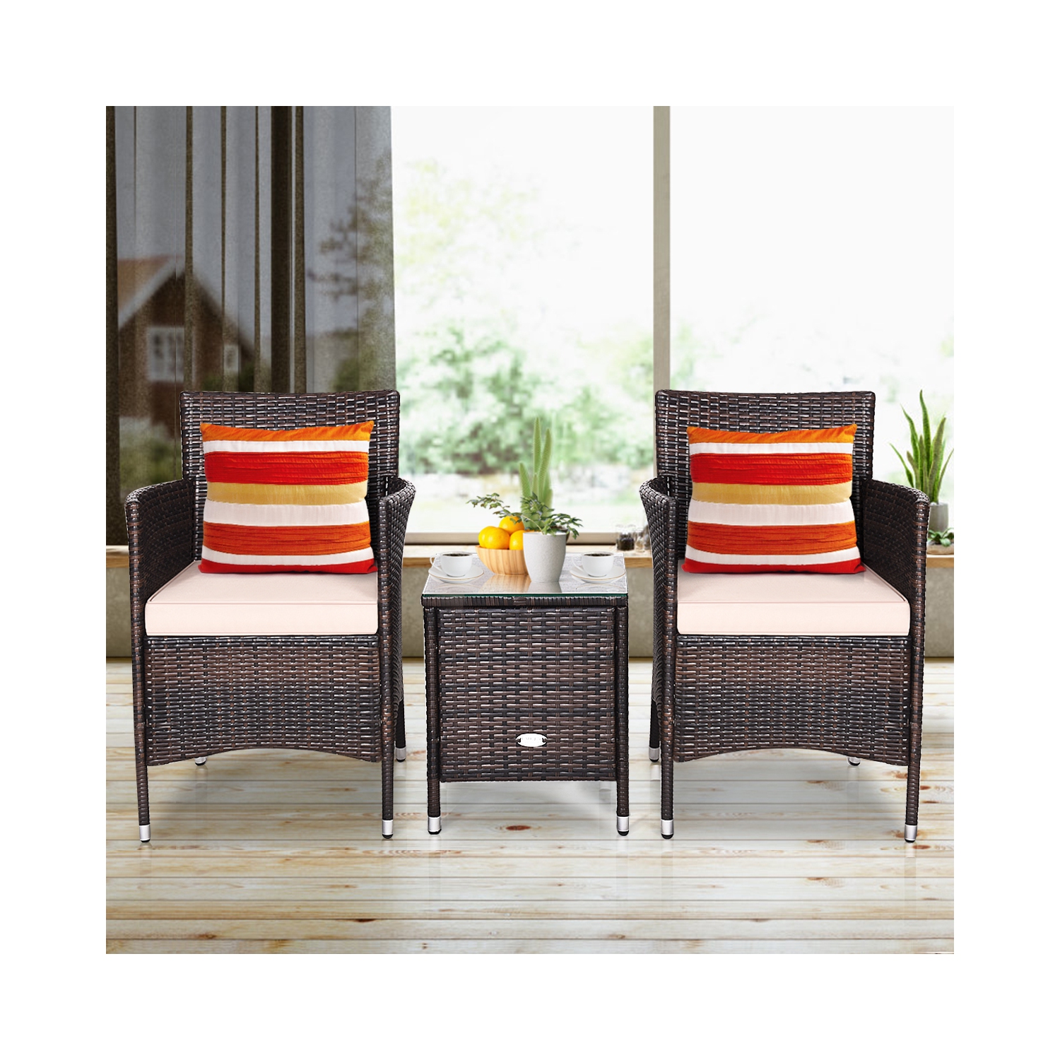 Gymax 3-Piece Patio Outdoor Rattan Furniture Set w/ Cushioned Chairs Coffee Table