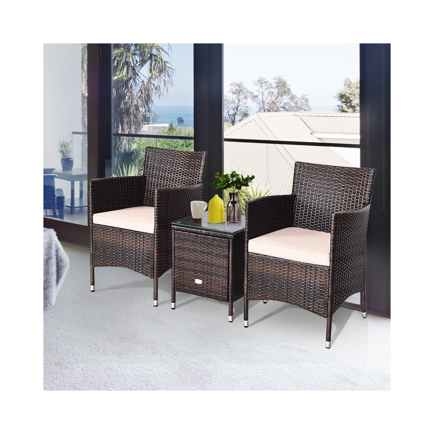 Gymax 3-Piece Patio Outdoor Rattan Furniture Set w/ Cushioned Chairs Coffee Table