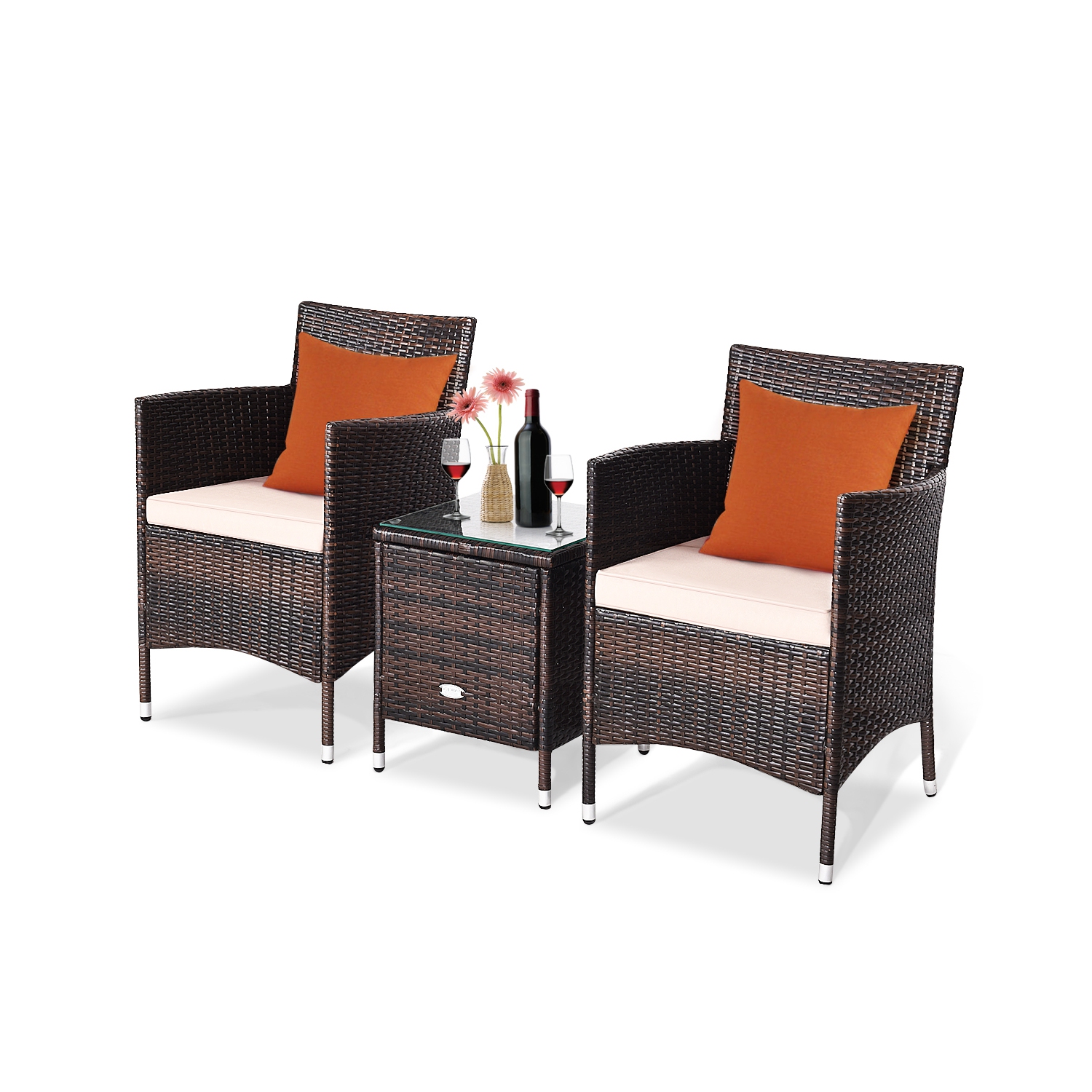 Gymax 3-Piece Patio Outdoor Rattan Furniture Set w/ Cushioned Chairs Coffee Table