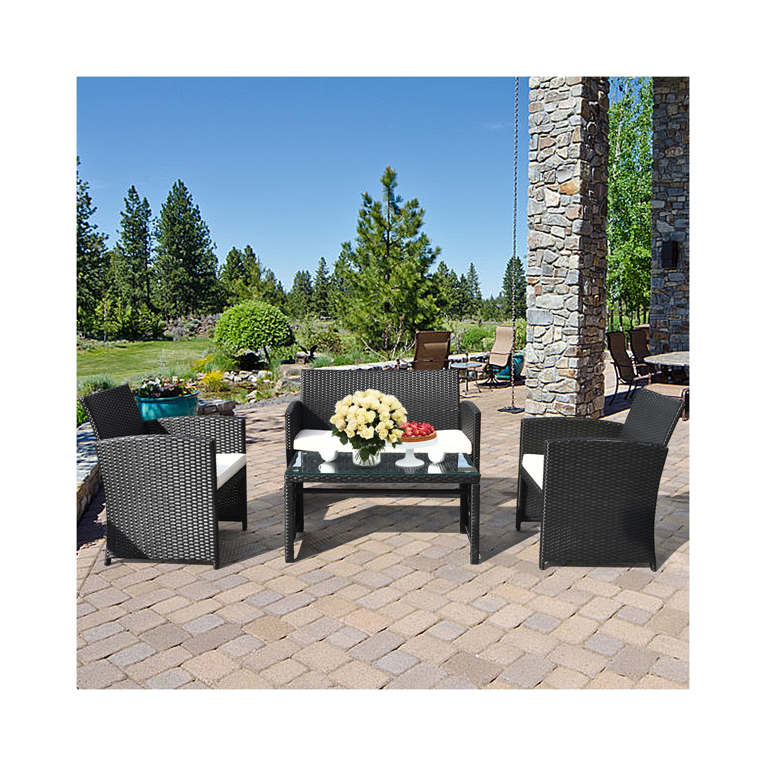 4PCS Ensemble de mobilier de patio en rotin pour l'extérieur avec table basse, canapé et fauteuil rembourré marqueGymax