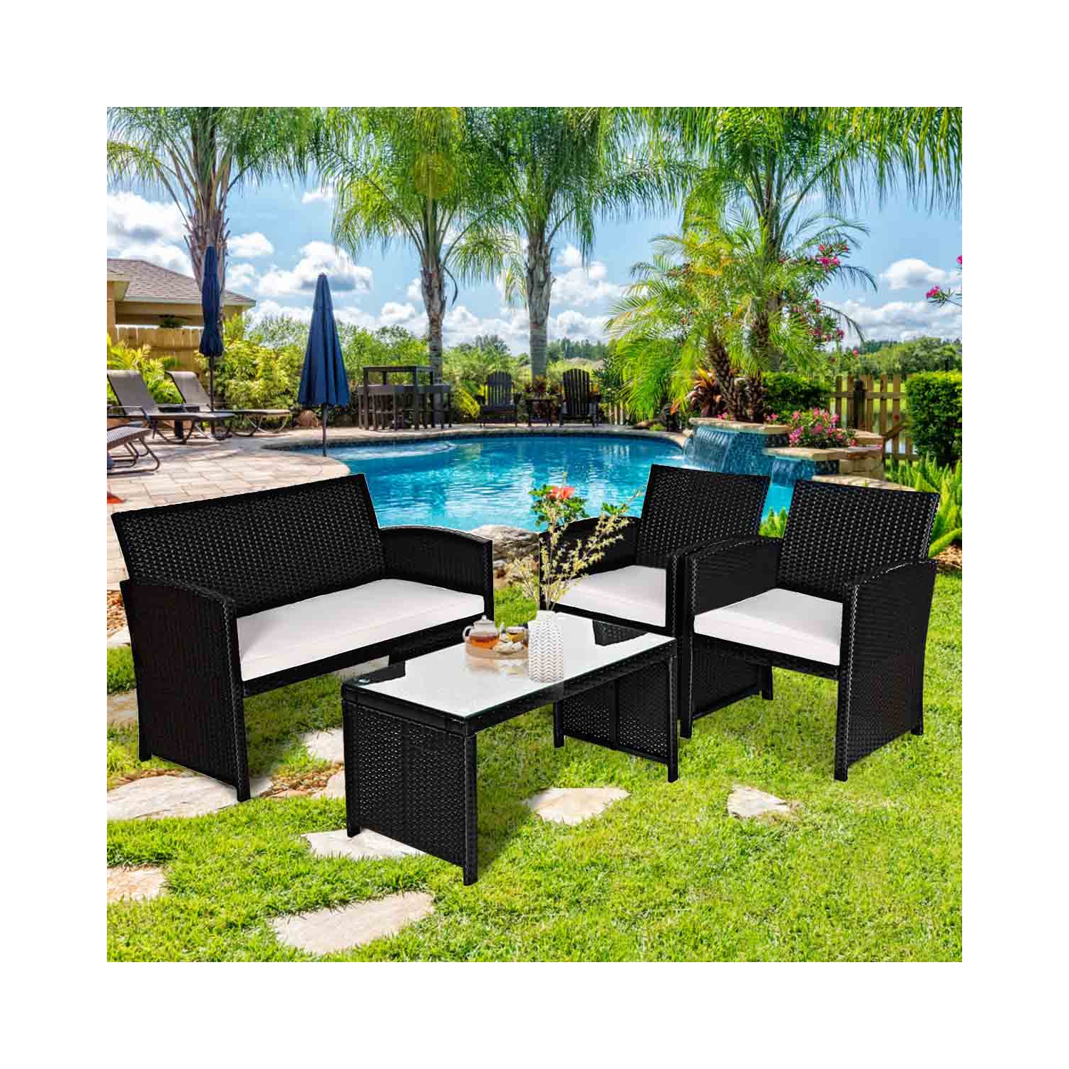 4PCS Ensemble de mobilier de patio en rotin pour l'extérieur avec table basse, canapé et fauteuil rembourré marqueGymax