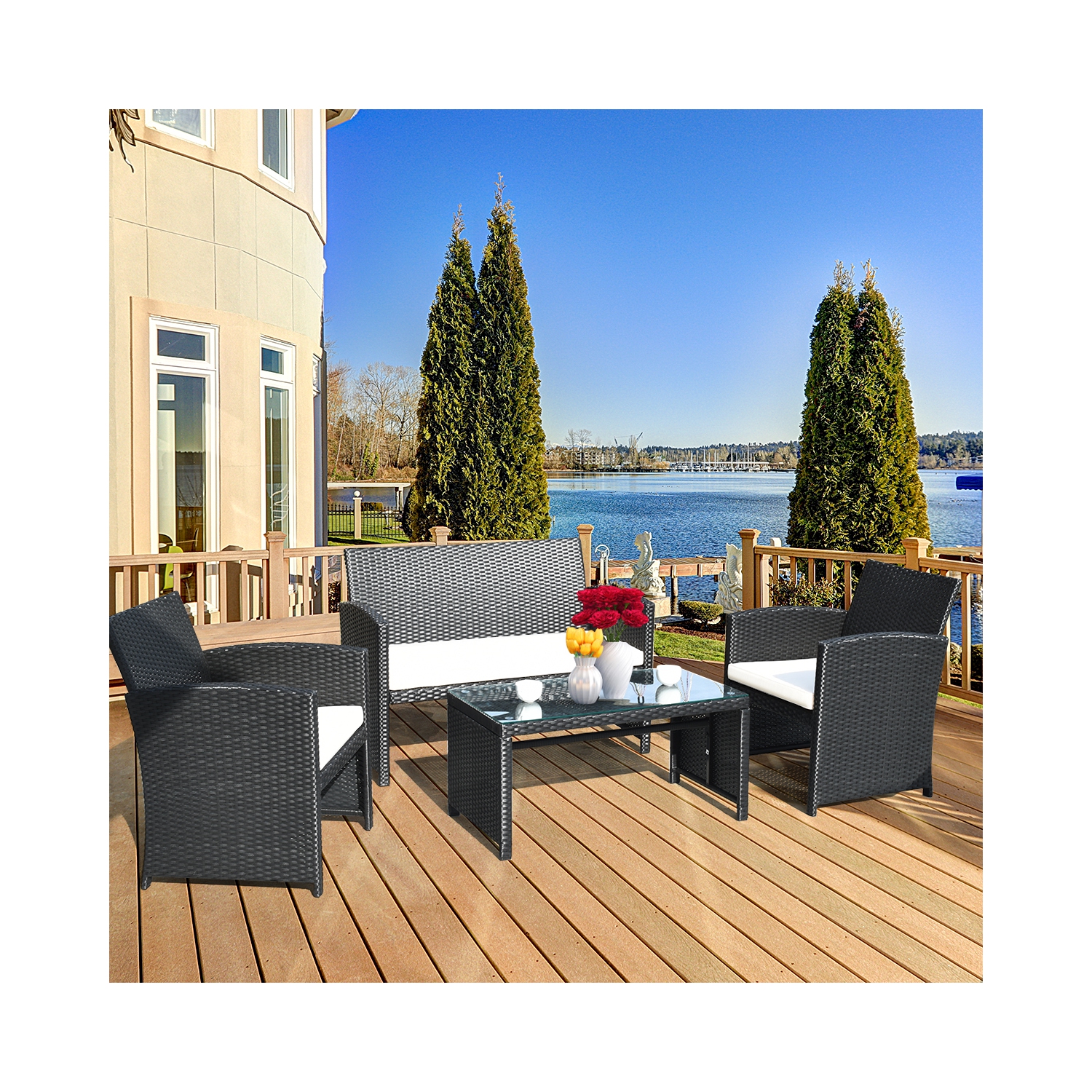 4PCS Ensemble de mobilier de patio en rotin pour l'extérieur avec table basse, canapé et fauteuil rembourré marqueGymax