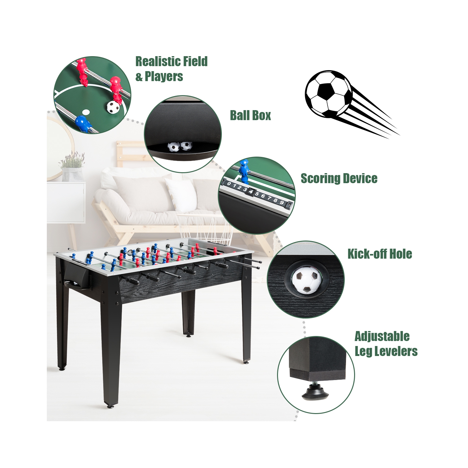 Gymax 48'' Competition Sized Wooden Soccer Football Table Adults & Kids Home Recreation