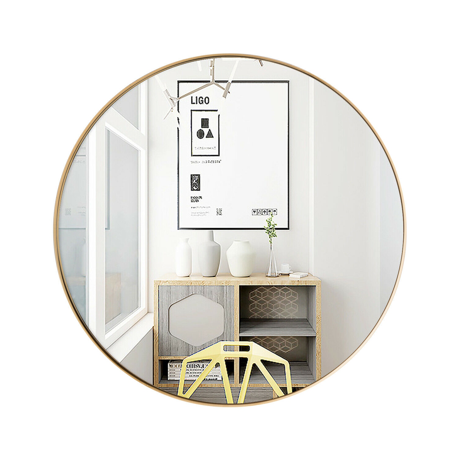 Gymax 27.5'' Modern Metal Wall-Mounted Round Mirror for Bathroom Entryway Gold