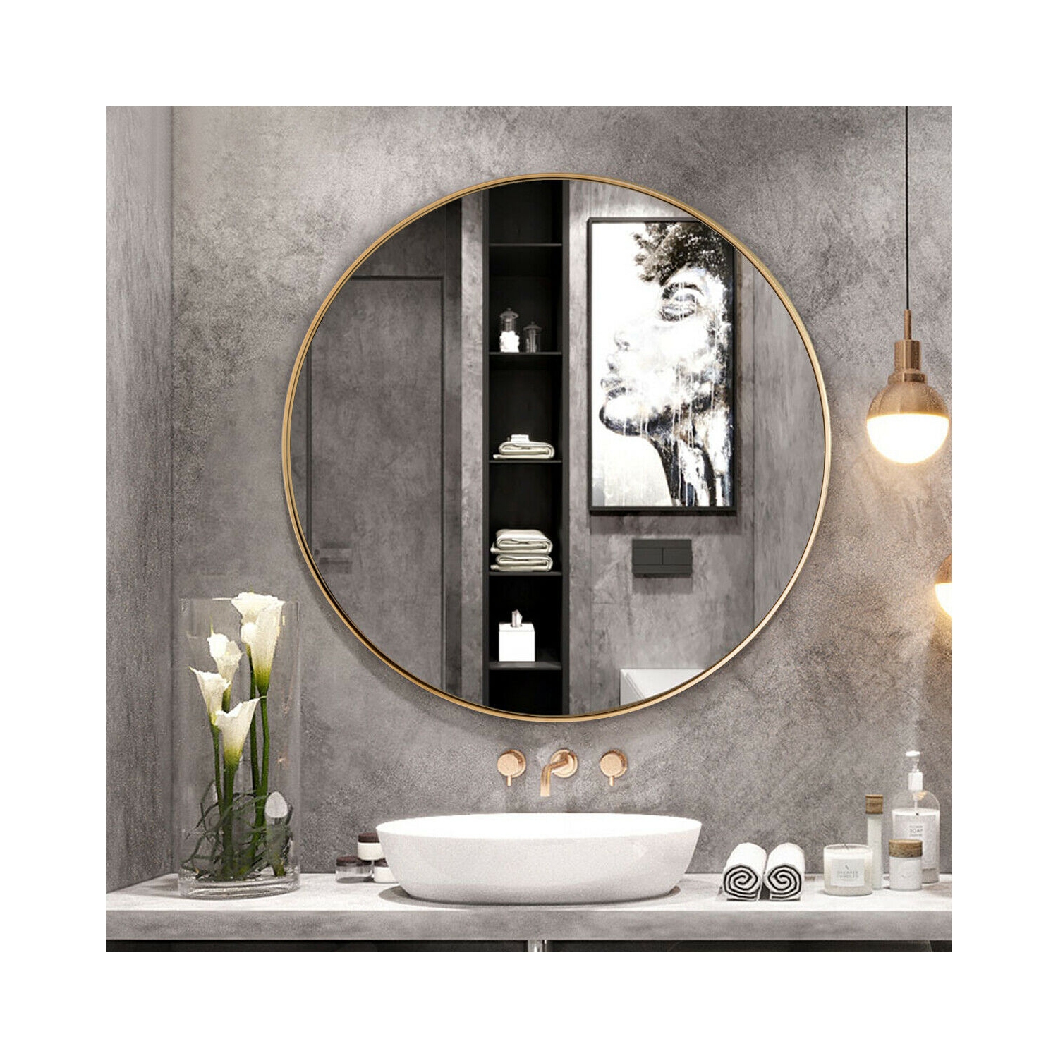 Gymax 27.5'' Modern Metal Wall-Mounted Round Mirror for Bathroom Entryway Gold