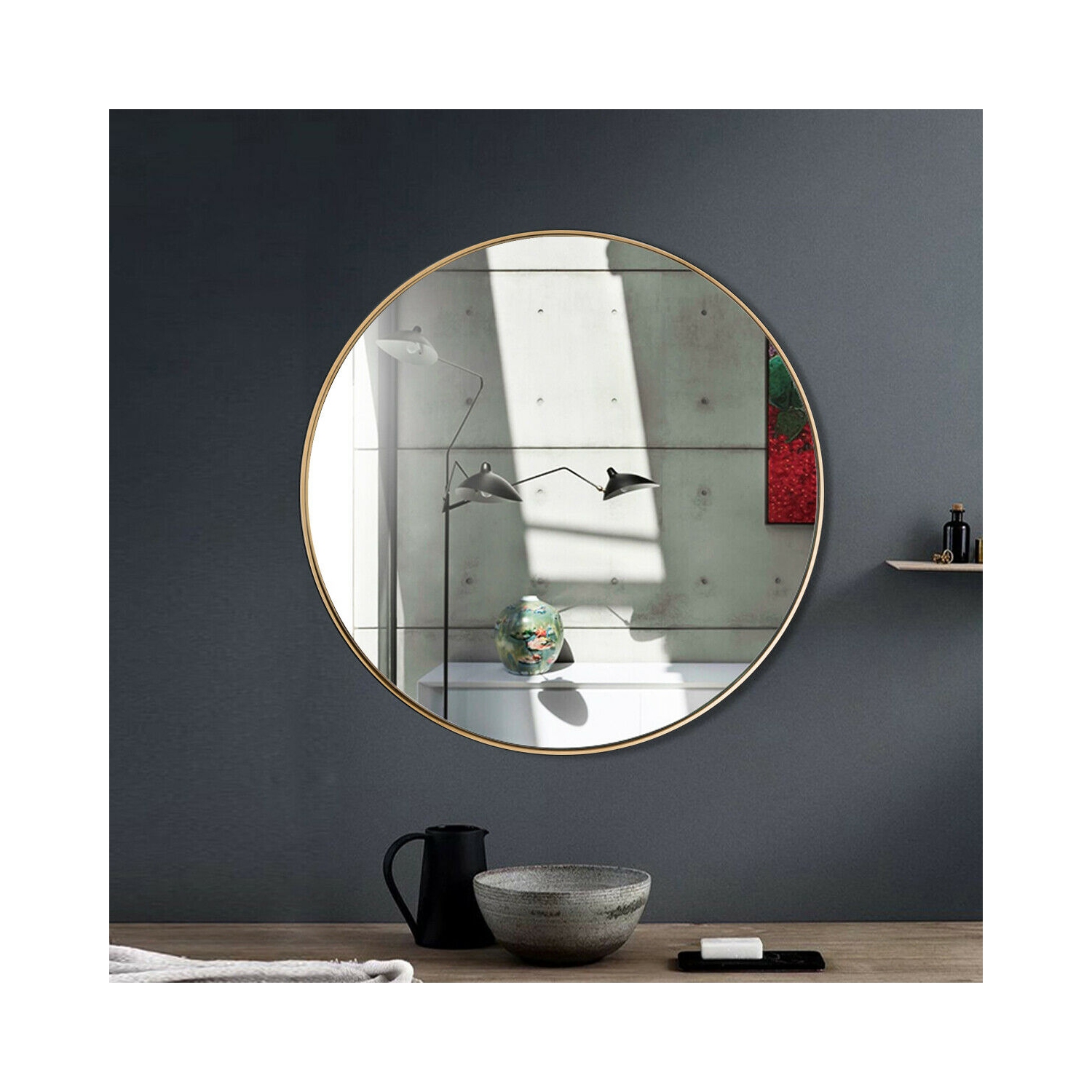 Gymax 27.5'' Modern Metal Wall-Mounted Round Mirror for Bathroom Entryway Gold