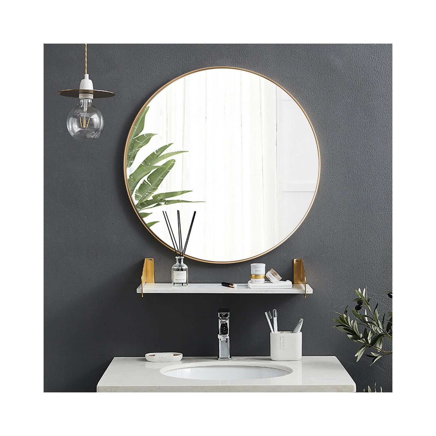Gymax 27.5'' Modern Metal Wall-Mounted Round Mirror for Bathroom Entryway Gold