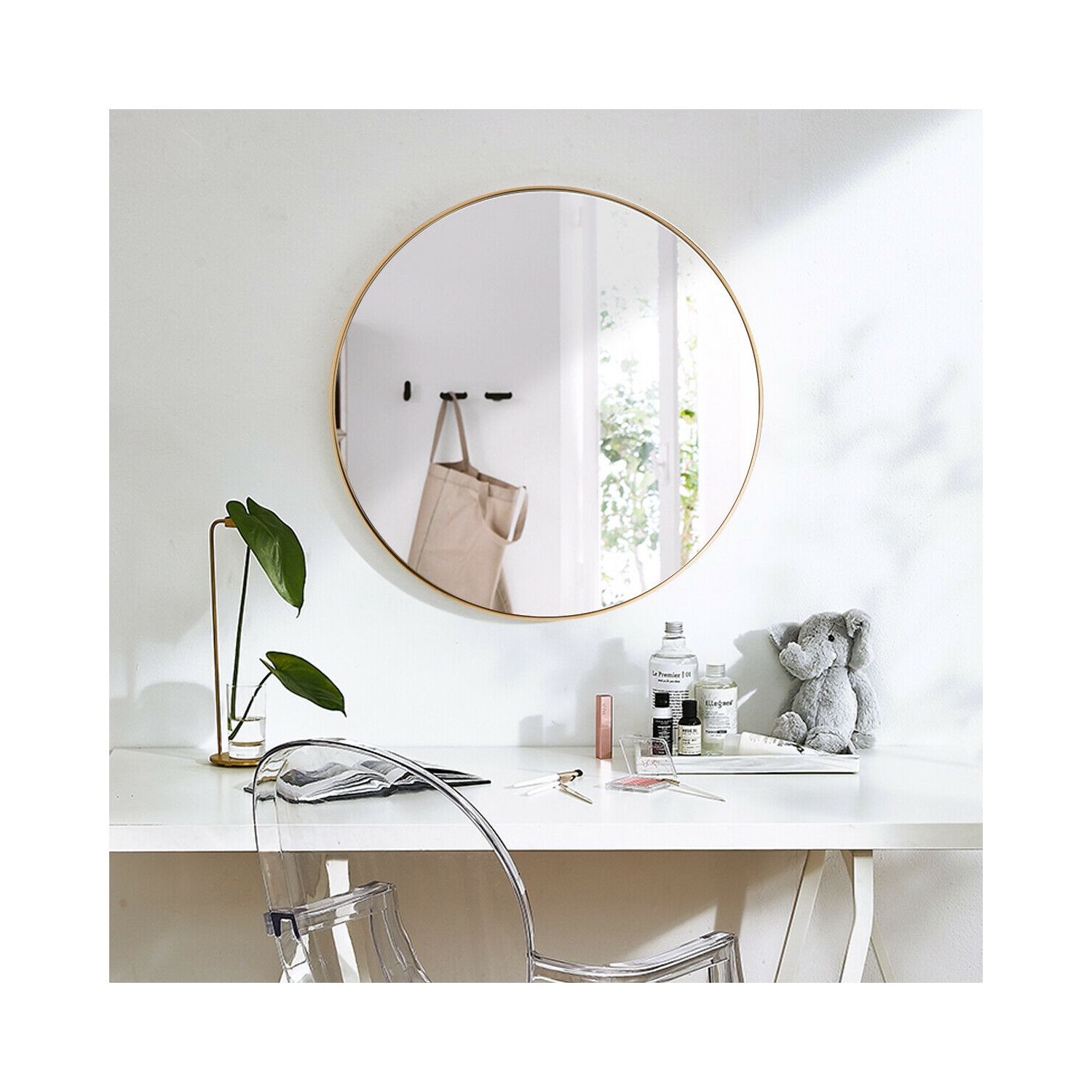 Gymax 27.5'' Modern Metal Wall-Mounted Round Mirror for Bathroom Entryway Gold