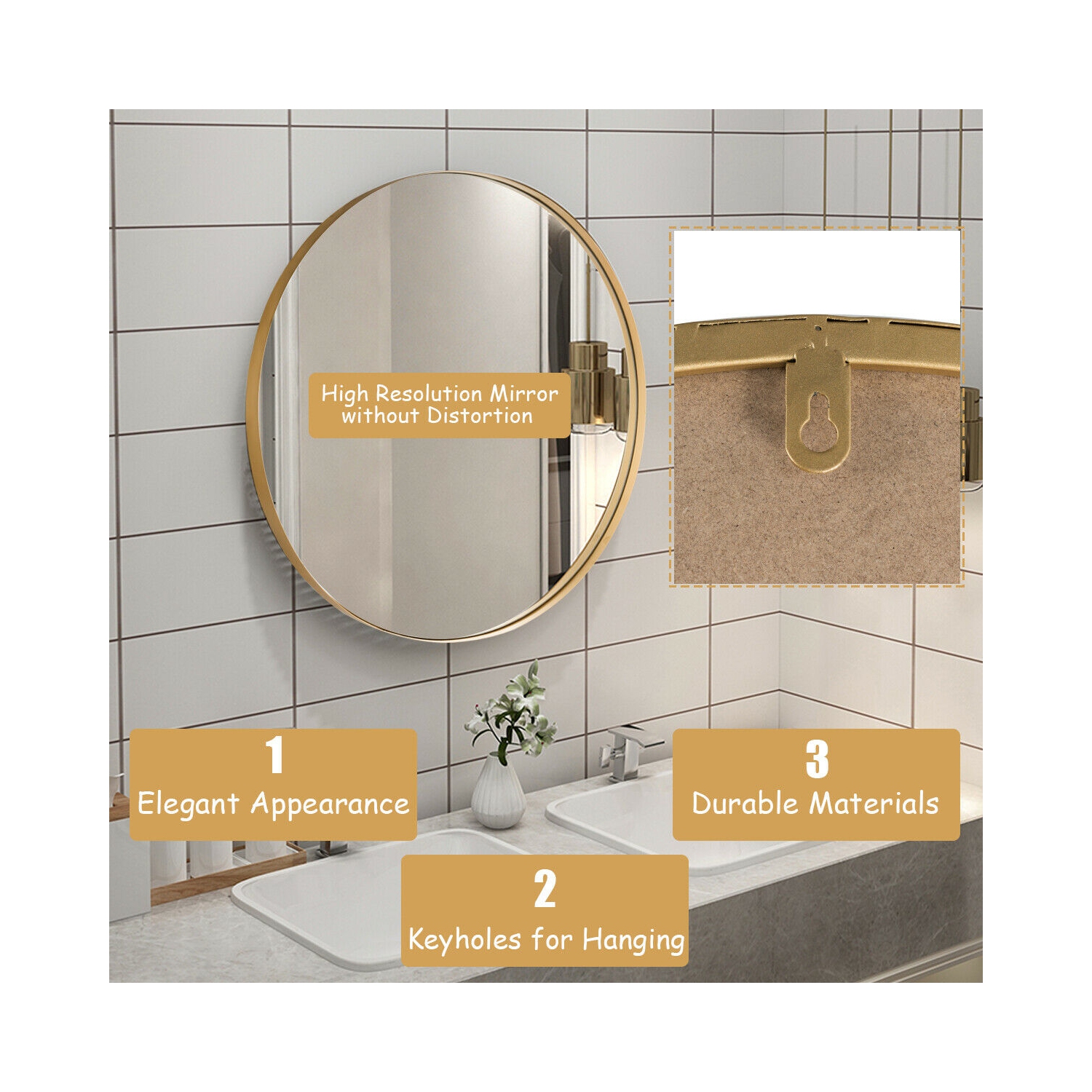 Gymax 27.5'' Modern Metal Wall-Mounted Round Mirror for Bathroom Entryway Gold