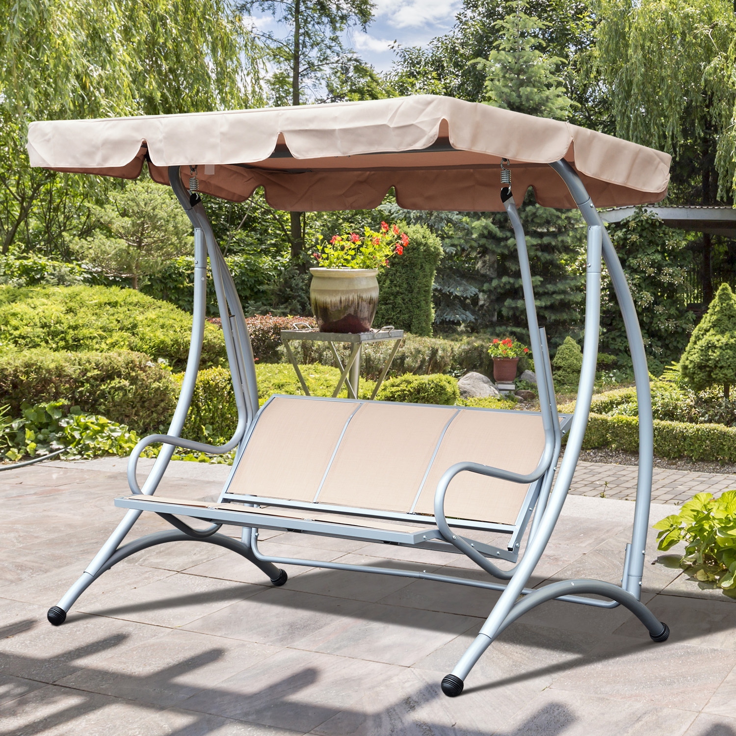 Outsunny 3 Person Patio Swing Seats with Adjustable Canopy Outdoor Swing Chair Bench for Garden, Poolside, Beige