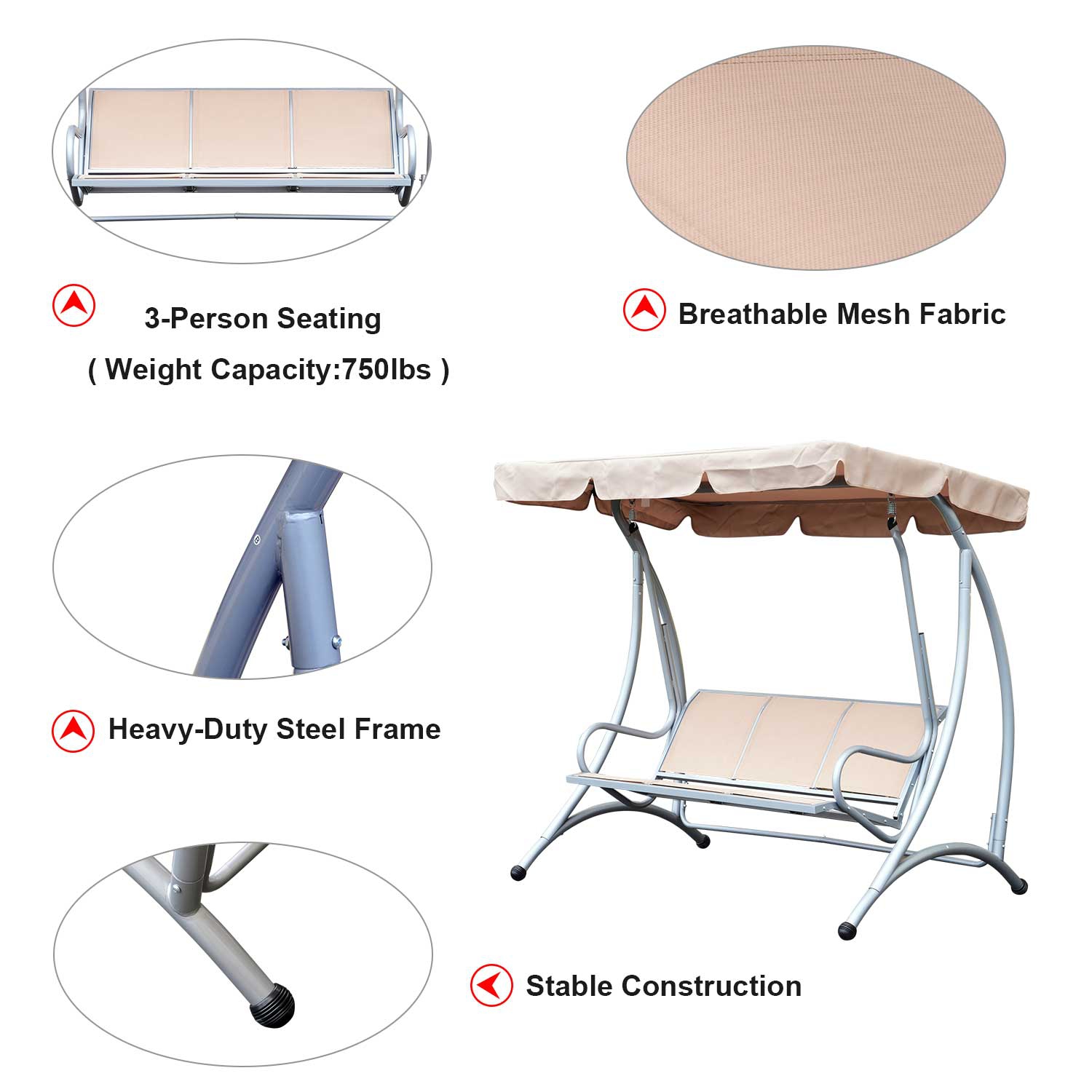 Outsunny 3 Person Patio Swing Seats with Adjustable Canopy Outdoor Swing Chair Bench for Garden, Poolside, Beige