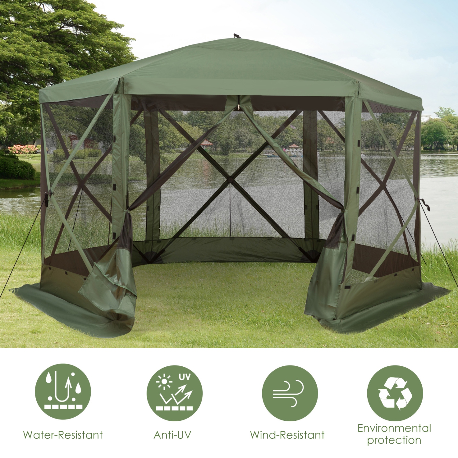 Tente à moustiquaire hexagonale Outsunny de 12 x 12 pi, abri de camping automatique Auvent de pique-nique extérieur avec parois en filet et sac de