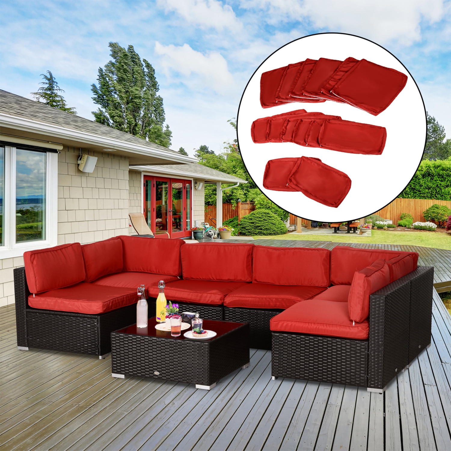 Outsunny 14Pcs Outdoor Cushion Covers, Patio Cushion Covers Replacement for Rattan Sofa Set - No Cushion Included, Red