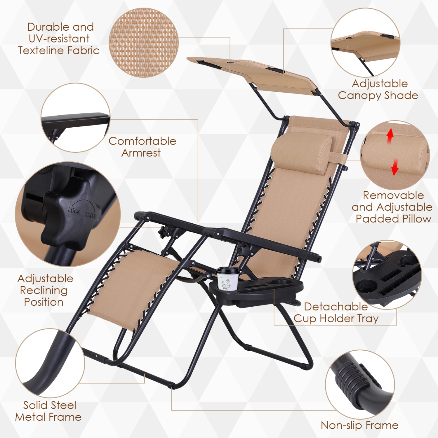 Chaise longue de patio de 2 pièces Zero Gravity Outsunny avec auvent, gris