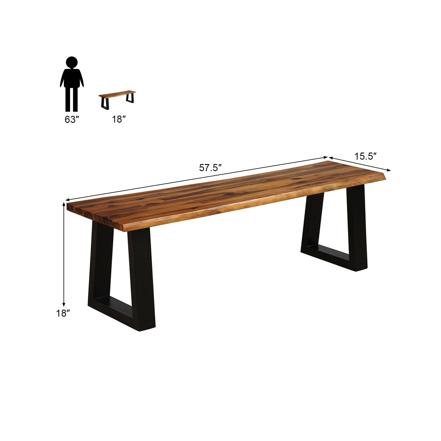Gymax Solid Acacia Wood Patio Bench Dining Bench Outdoor W/Rustic Metal Legs