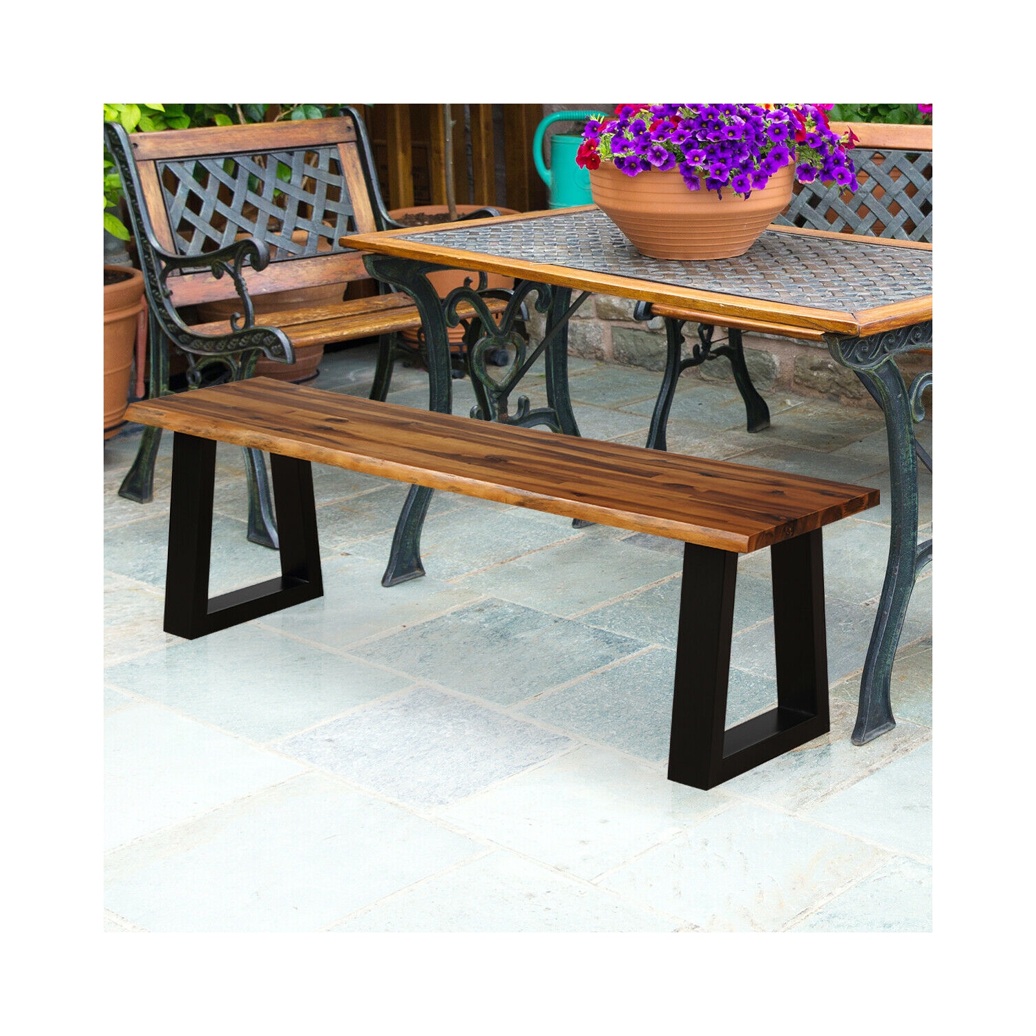 Gymax Solid Acacia Wood Patio Bench Dining Bench Outdoor W/Rustic Metal Legs