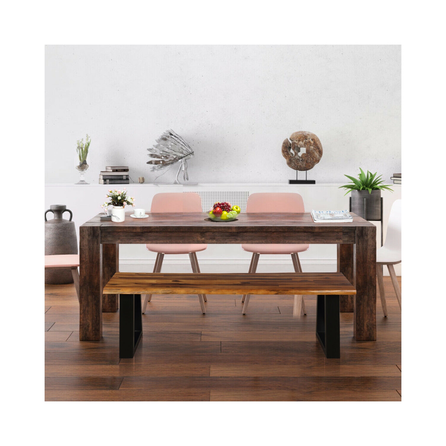 Gymax Solid Acacia Wood Patio Bench Dining Bench Outdoor W/Rustic Metal Legs