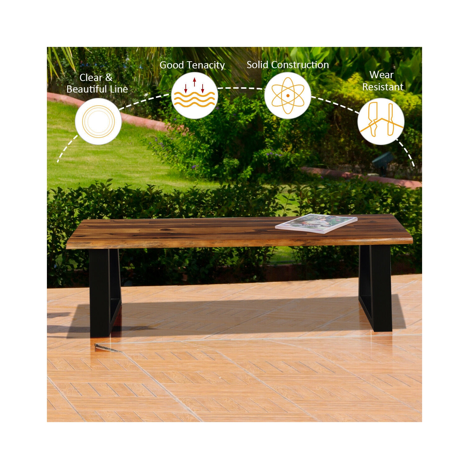 Gymax Solid Acacia Wood Patio Bench Dining Bench Outdoor W/Rustic Metal Legs