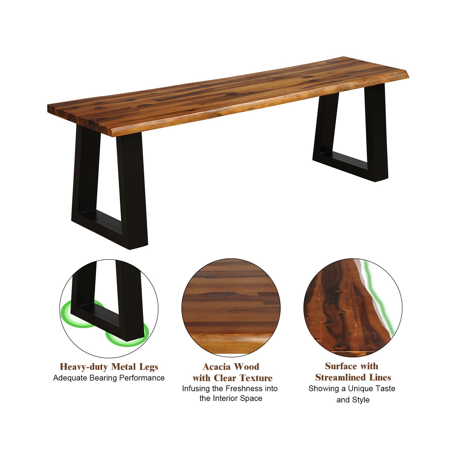 Gymax Solid Acacia Wood Patio Bench Dining Bench Outdoor W/Rustic Metal Legs