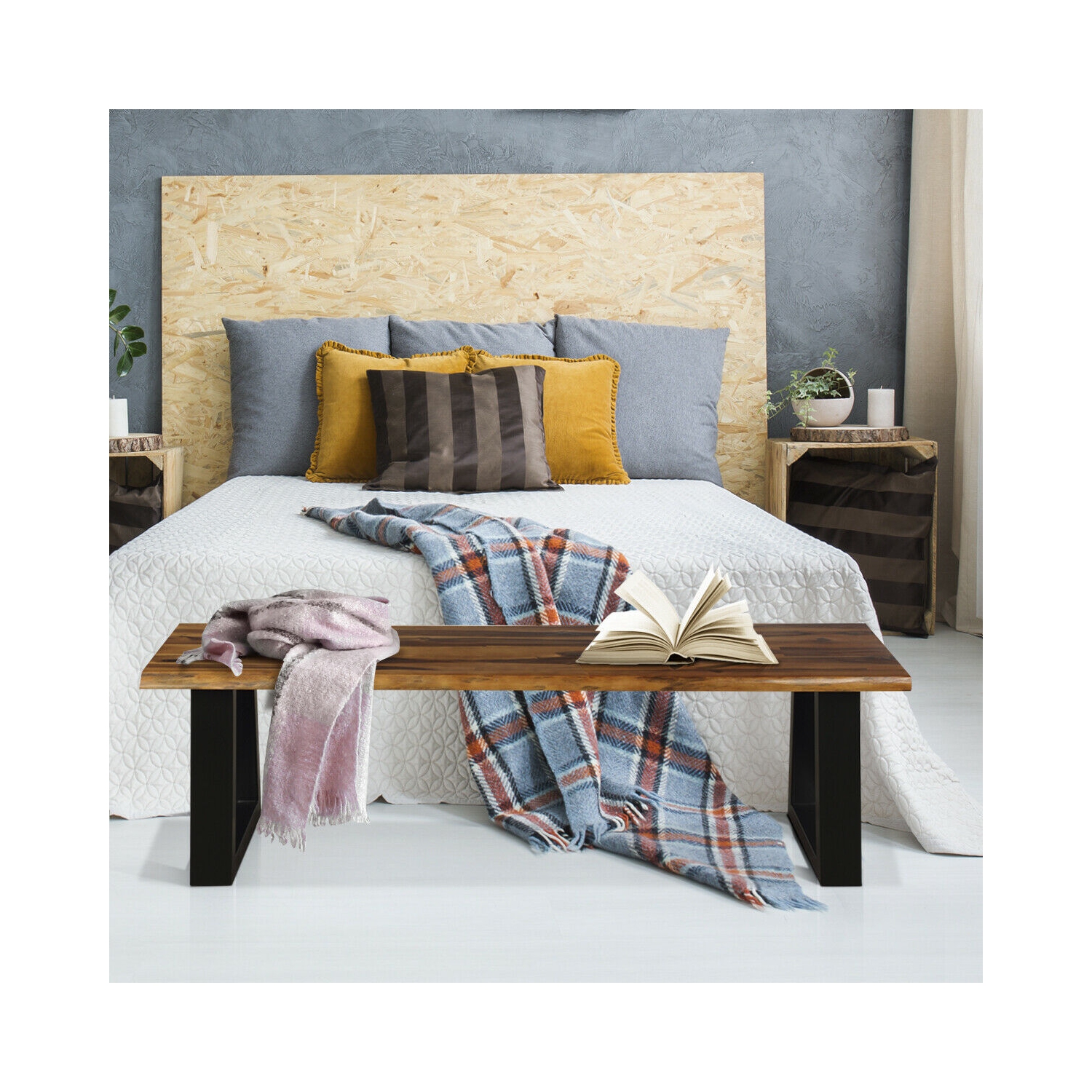 Gymax Solid Acacia Wood Patio Bench Dining Bench Outdoor W/Rustic Metal Legs