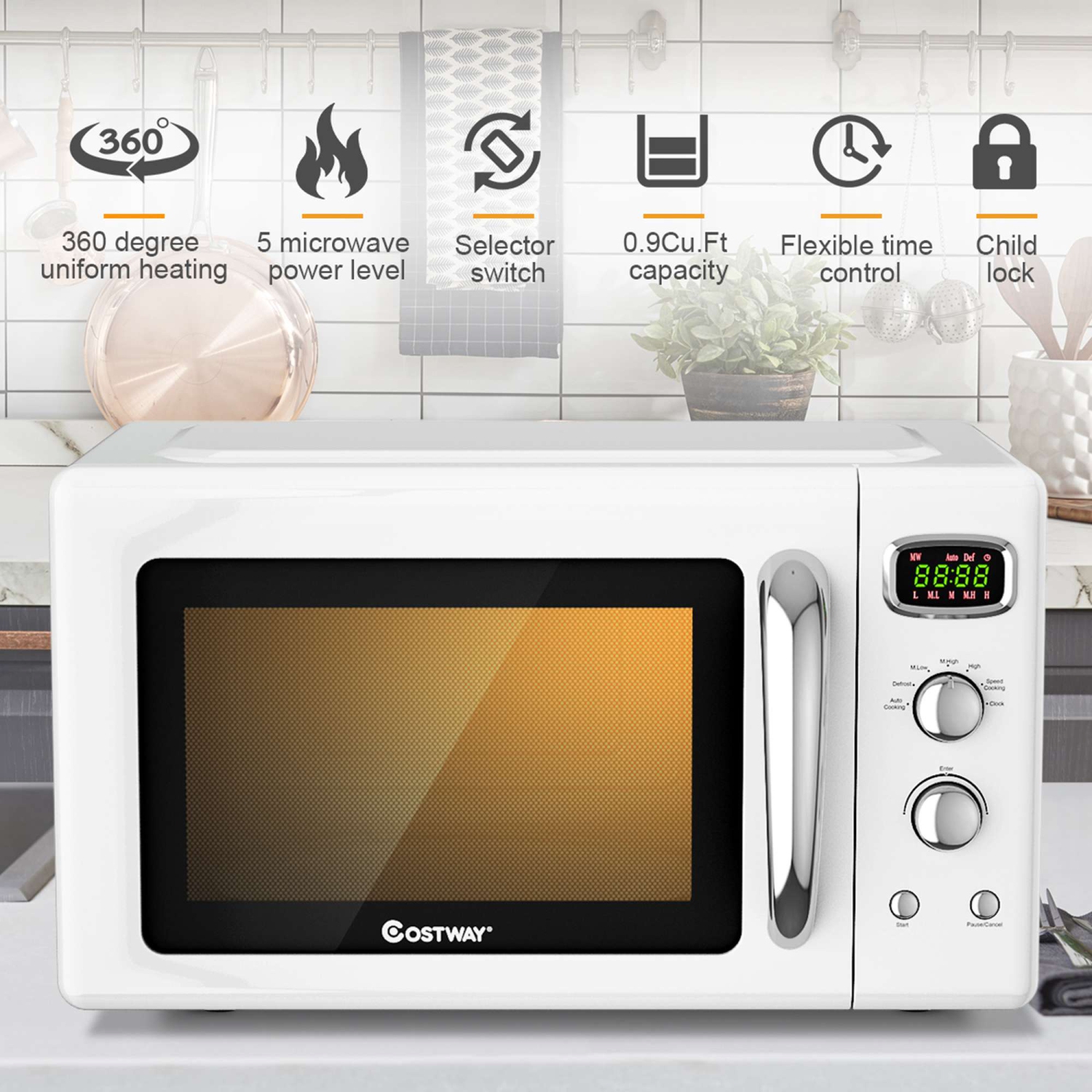 0.9Cu.ft. Retro Countertop Compact Microwave Oven 900W 8 Cooking Settings