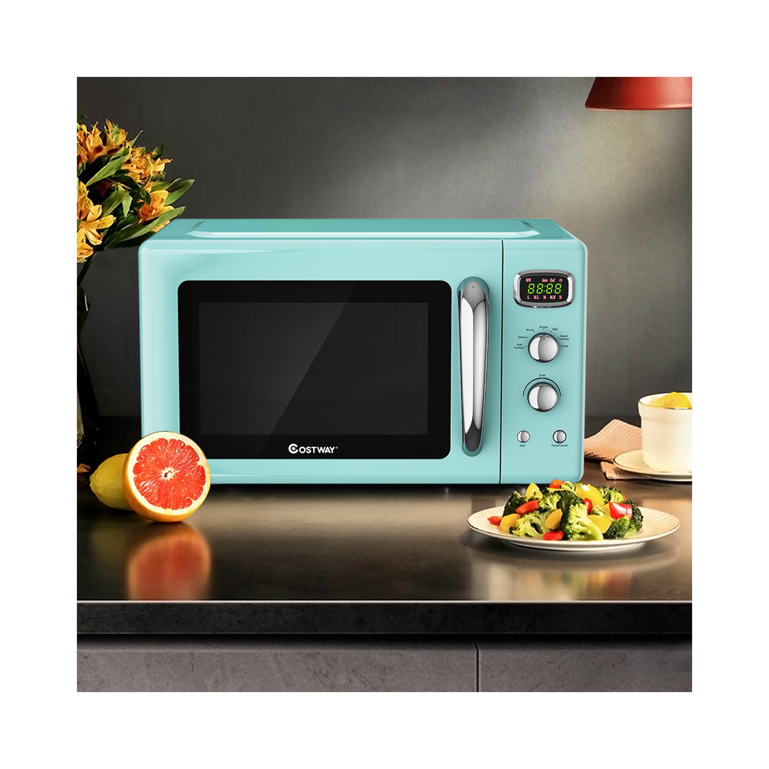 Costway 0.9Cu.ft. Retro Countertop Compact Microwave Oven 900W 8 Cooking Settings