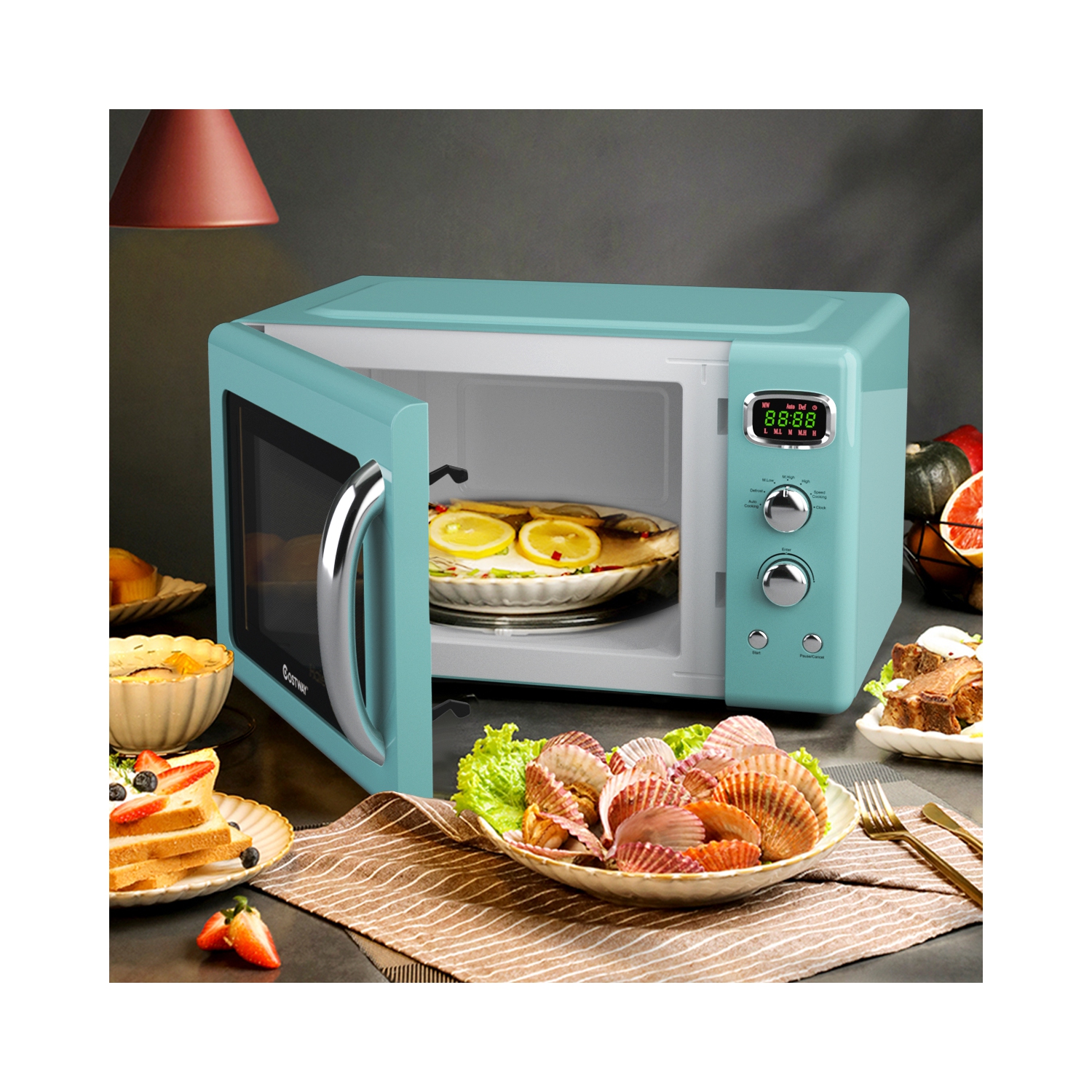 Costway 0.9Cu.ft. Retro Countertop Compact Microwave Oven 900W 8 Cooking Settings