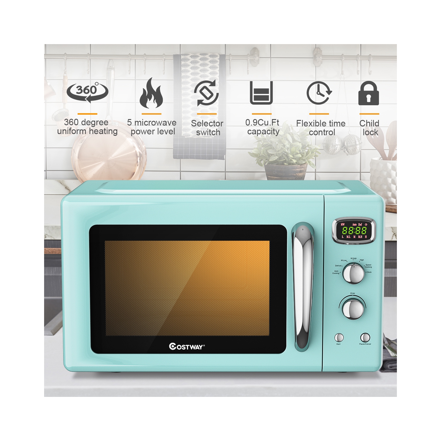 Costway 0.9Cu.ft. Retro Countertop Compact Microwave Oven 900W 8 Cooking Settings