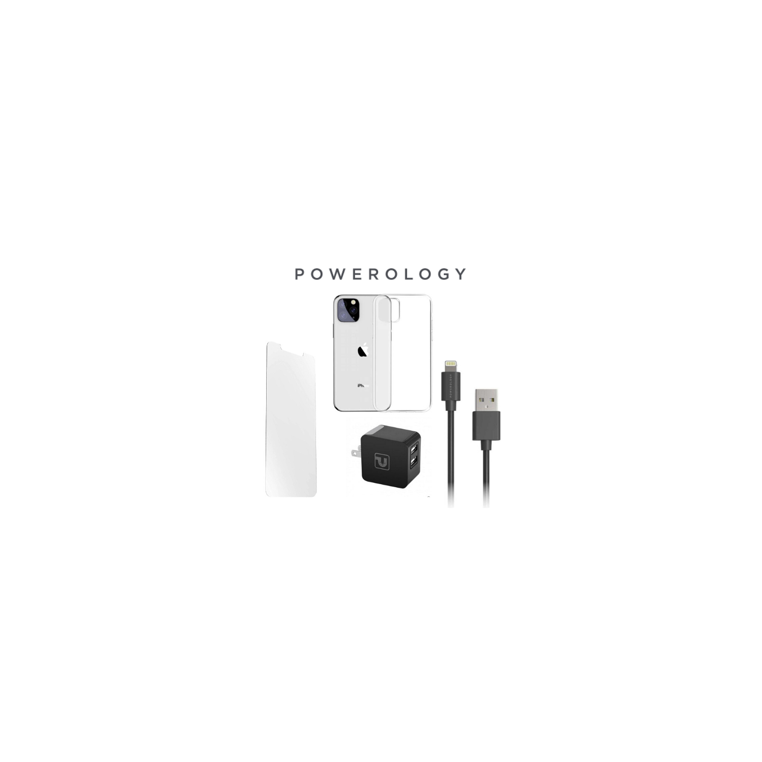 Powerology Essentials Kit 4in1 for iPhone 11 Pro - Slim clear case, Screen protector, Cable and Dual 3.4A charger