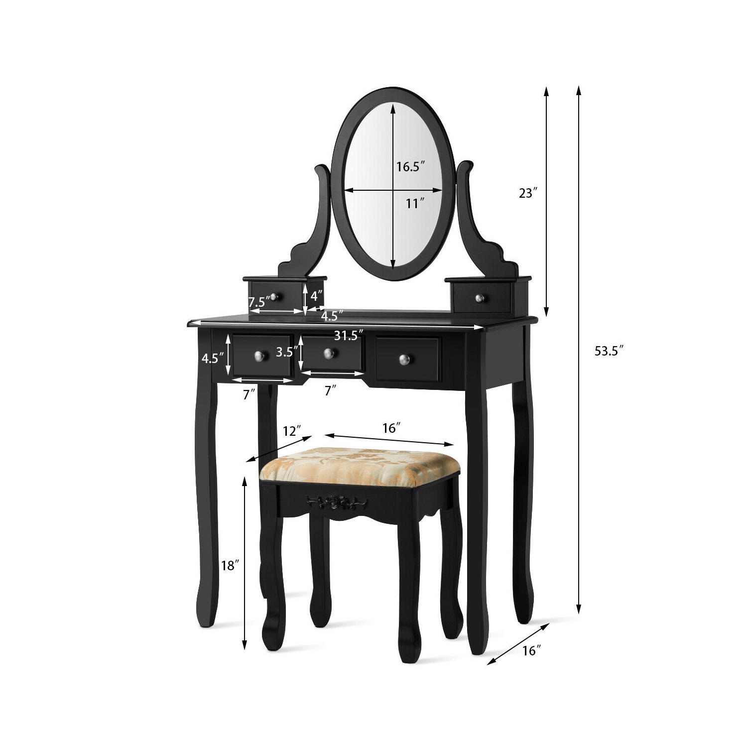 Costway Vanity Table Set Dressing Table Set W/5 Drawer Make Up Table and Stool Set
