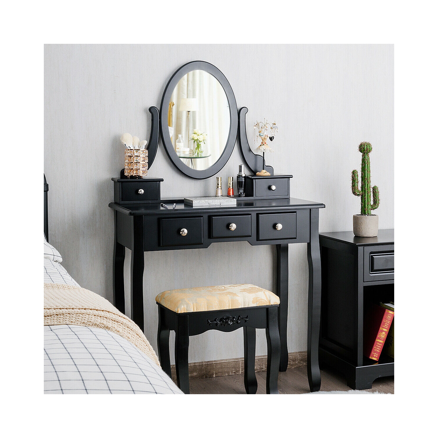 Costway Vanity Table Set Dressing Table Set W/5 Drawer Make Up Table and Stool Set