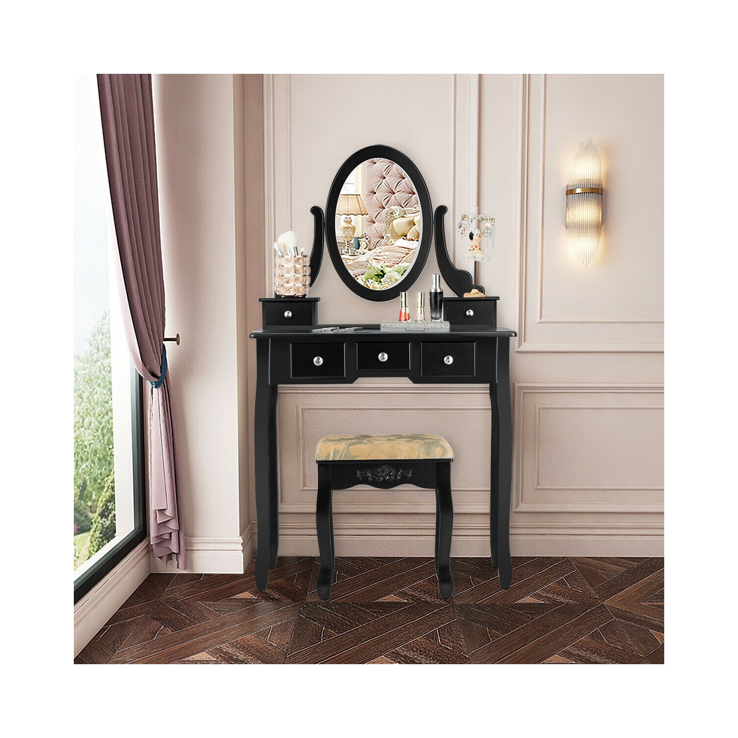 Costway Vanity Table Set Dressing Table Set W/5 Drawer Make Up Table and Stool Set