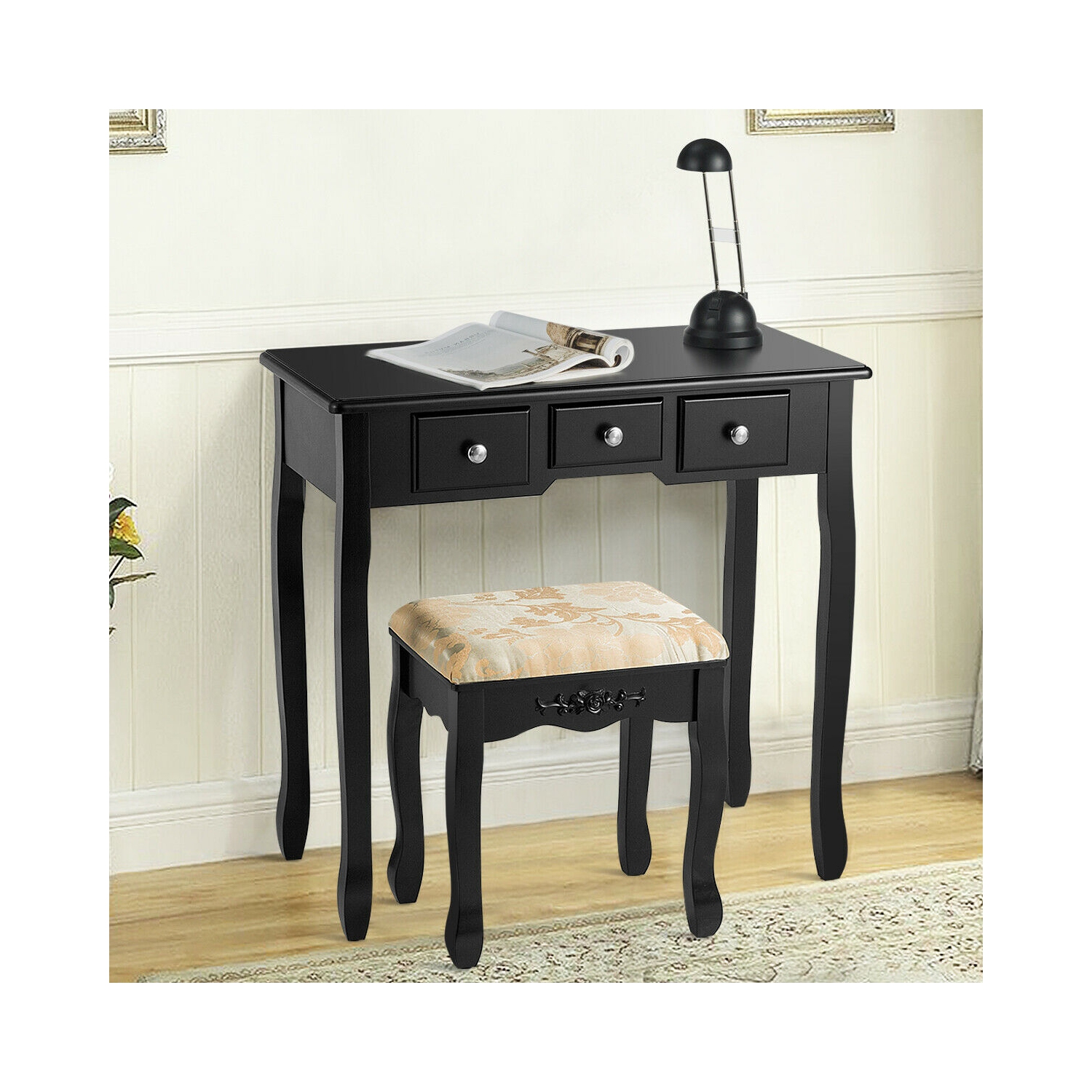 Costway Vanity Table Set Dressing Table Set W/5 Drawer Make Up Table and Stool Set