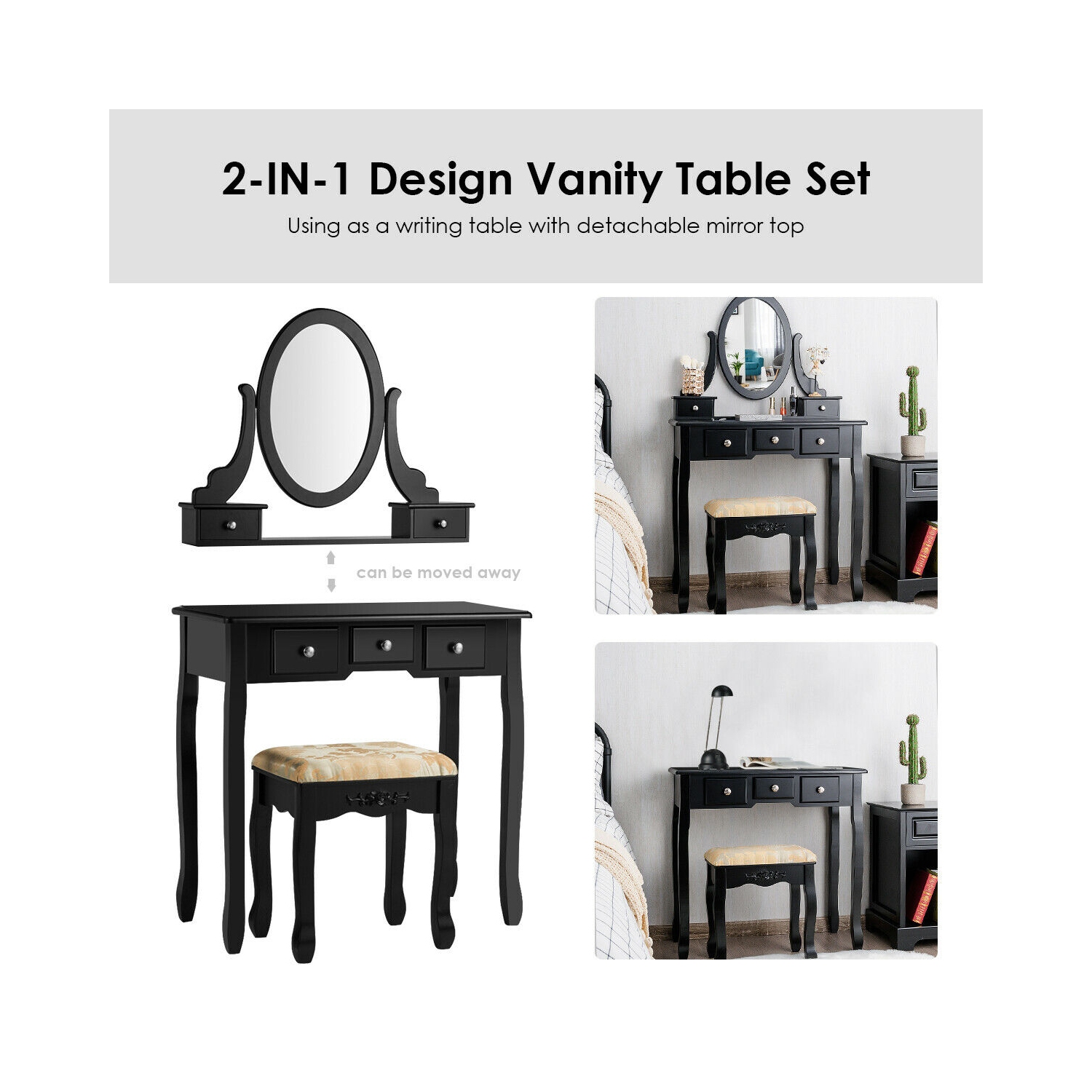 Costway Vanity Table Set Dressing Table Set W/5 Drawer Make Up Table and Stool Set
