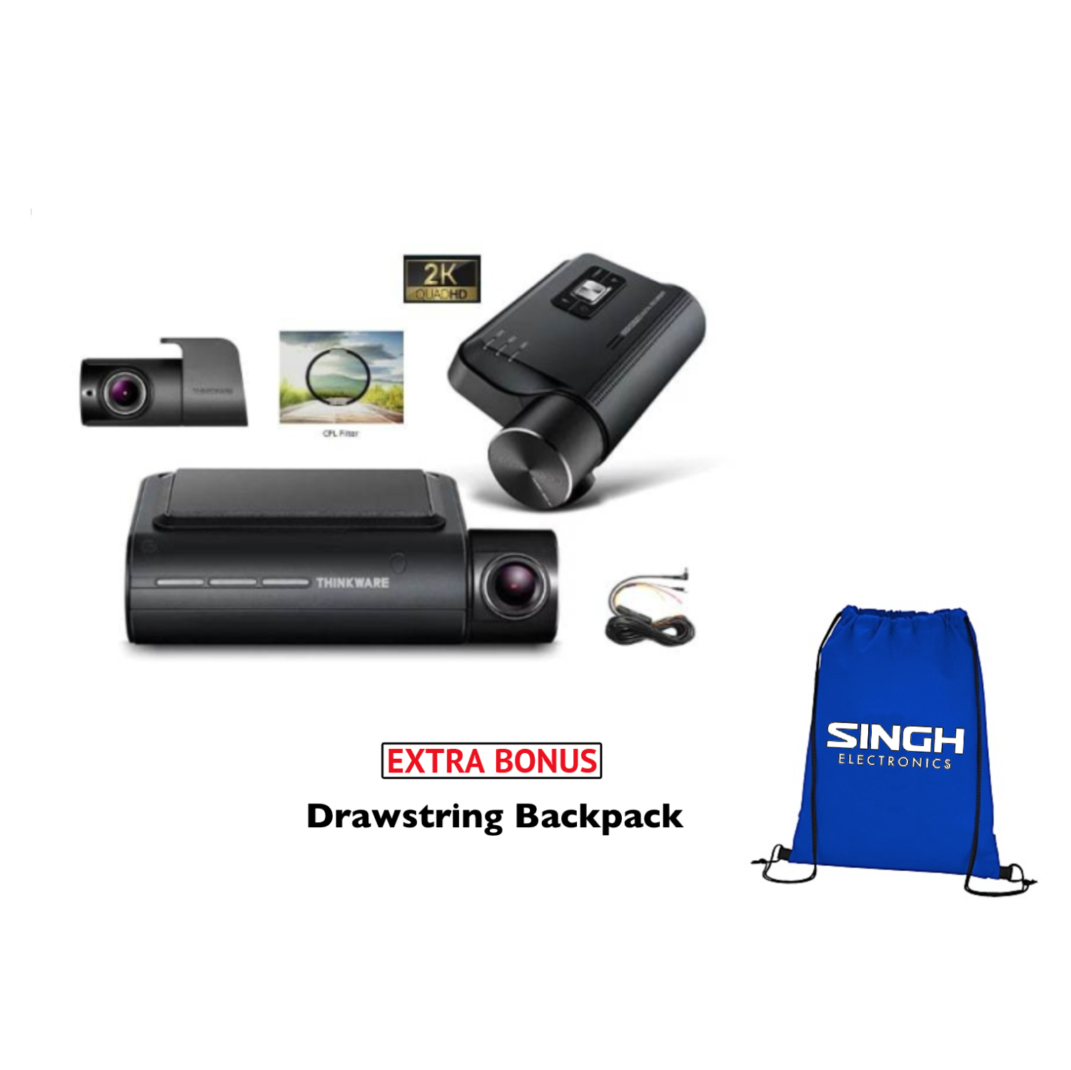 Thinkware QA100 Elite 2K Wifi Dashcam Bundle with Rear Camera and Hardwire Kit - 32GB & CPL Filter - Bonus Drawstring Backpack